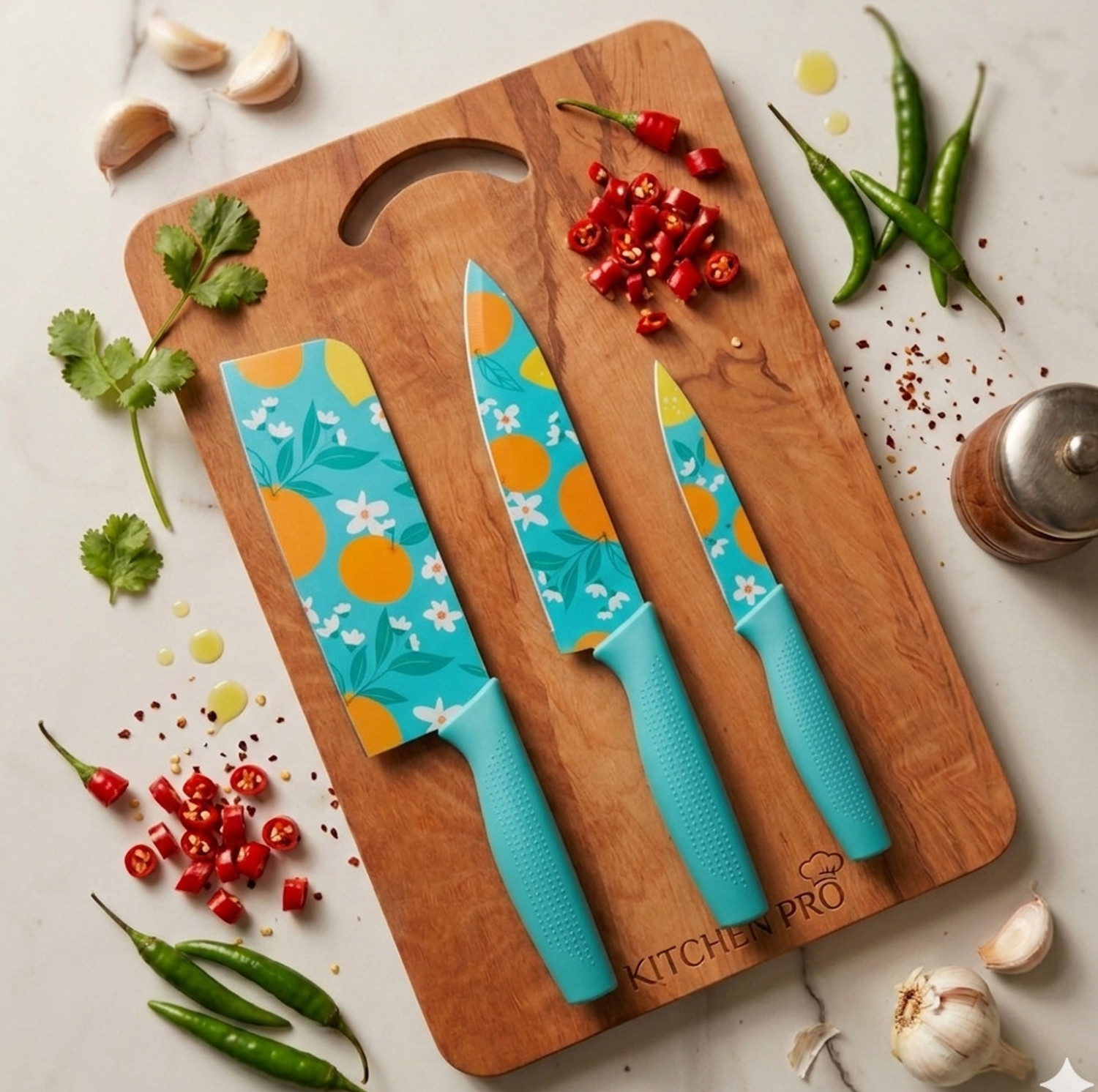 Image of Earth Chopping Board With 3 Pic Blue Knife Set Stainless Steel Wooden Cutting Board