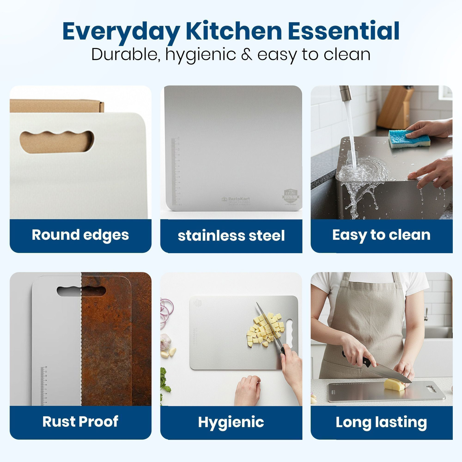 Image of RESTOKART Steel Chopping board-Small(31*20CM)|Antiskid-Steel Cutting Board|kitchen- Stainless Steel Cutting Board