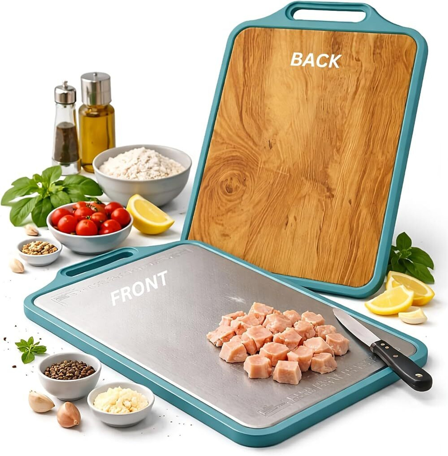 Image of FULLSTAR BEST QUALITY KITCHEN APPLIANCES Double Side Chopping Board | Dual Surface Kitchen Cutting Board Stainless Steel, Wooden Cutting Board (Brown, Steel Pack of 1 Dishwasher Safe)