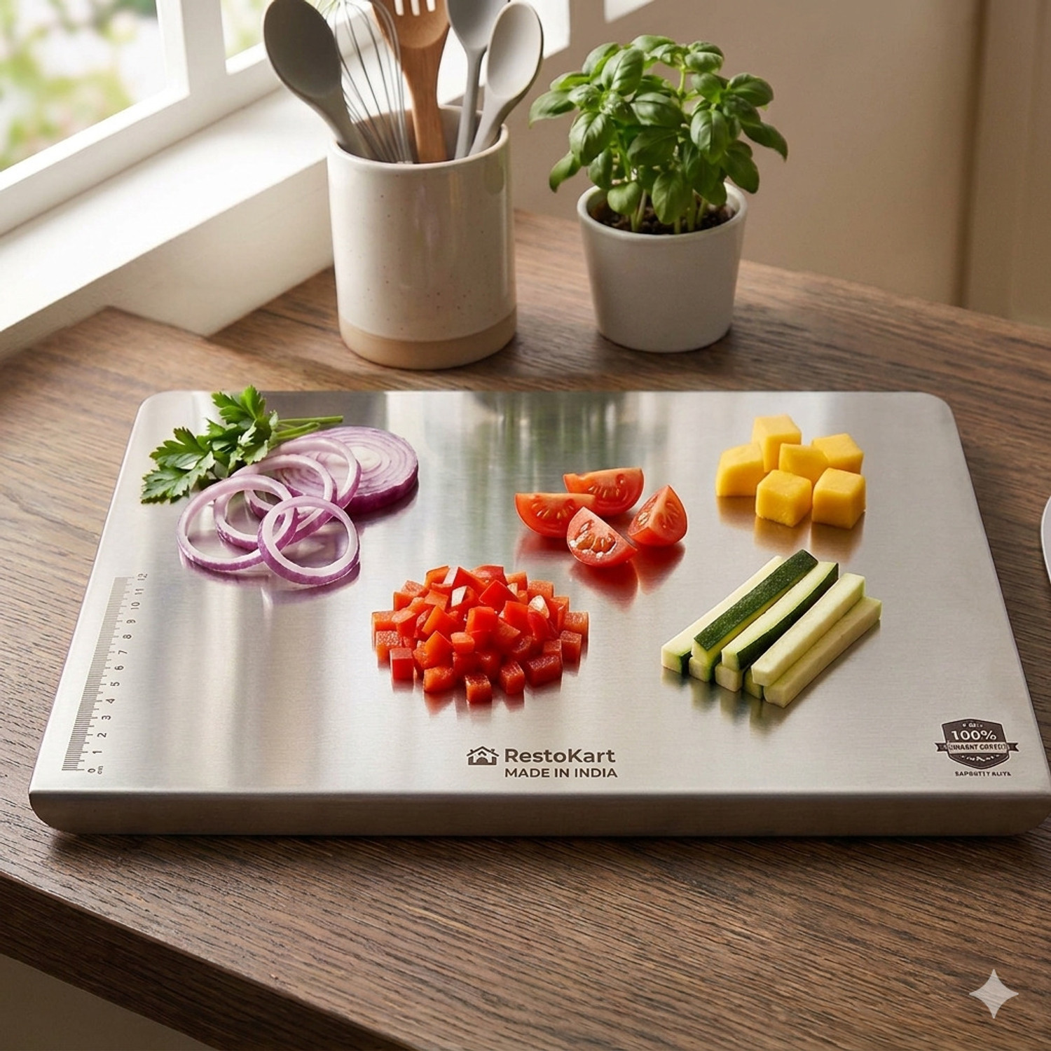 Image of RESTOKART Steel Chopping Board-Medium(35x25cm)|Cutting Board for Kitchen | Vegetable Stainless Steel Cutting Board
