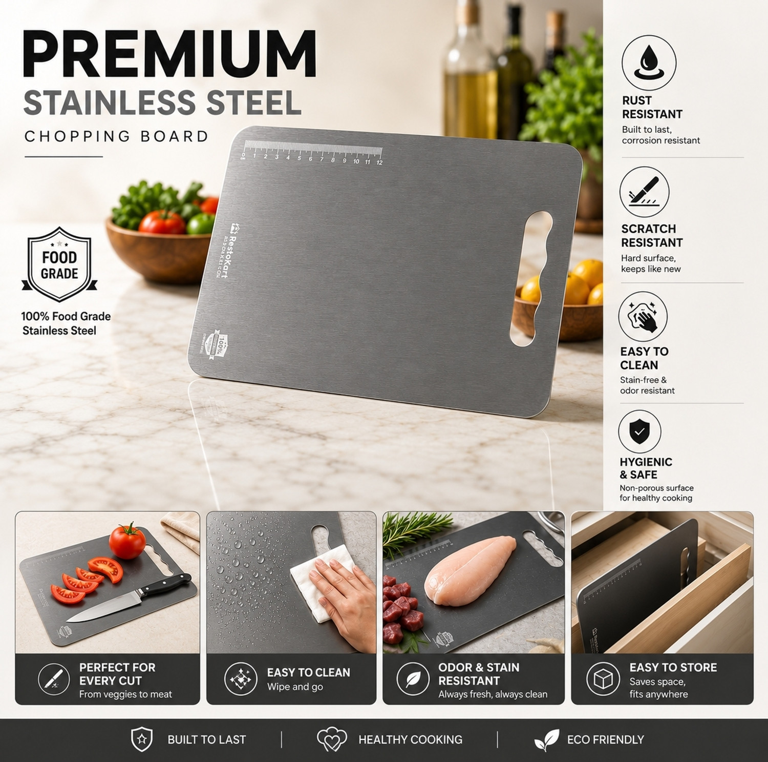 Image of RESTOKART Steel Cutting Board(35x25)CM|Vegetable Cutter Board|Steel Chopping Board|Kitchen Stainless Steel Cutting Board