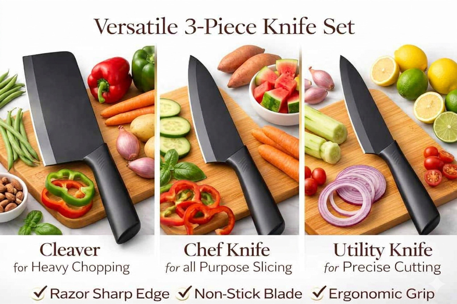 Image of Patel Wooden Chopping Cutting Board With 3 Pic Knife Set Stainless Steel for Kitchen Wooden Cutting Board
