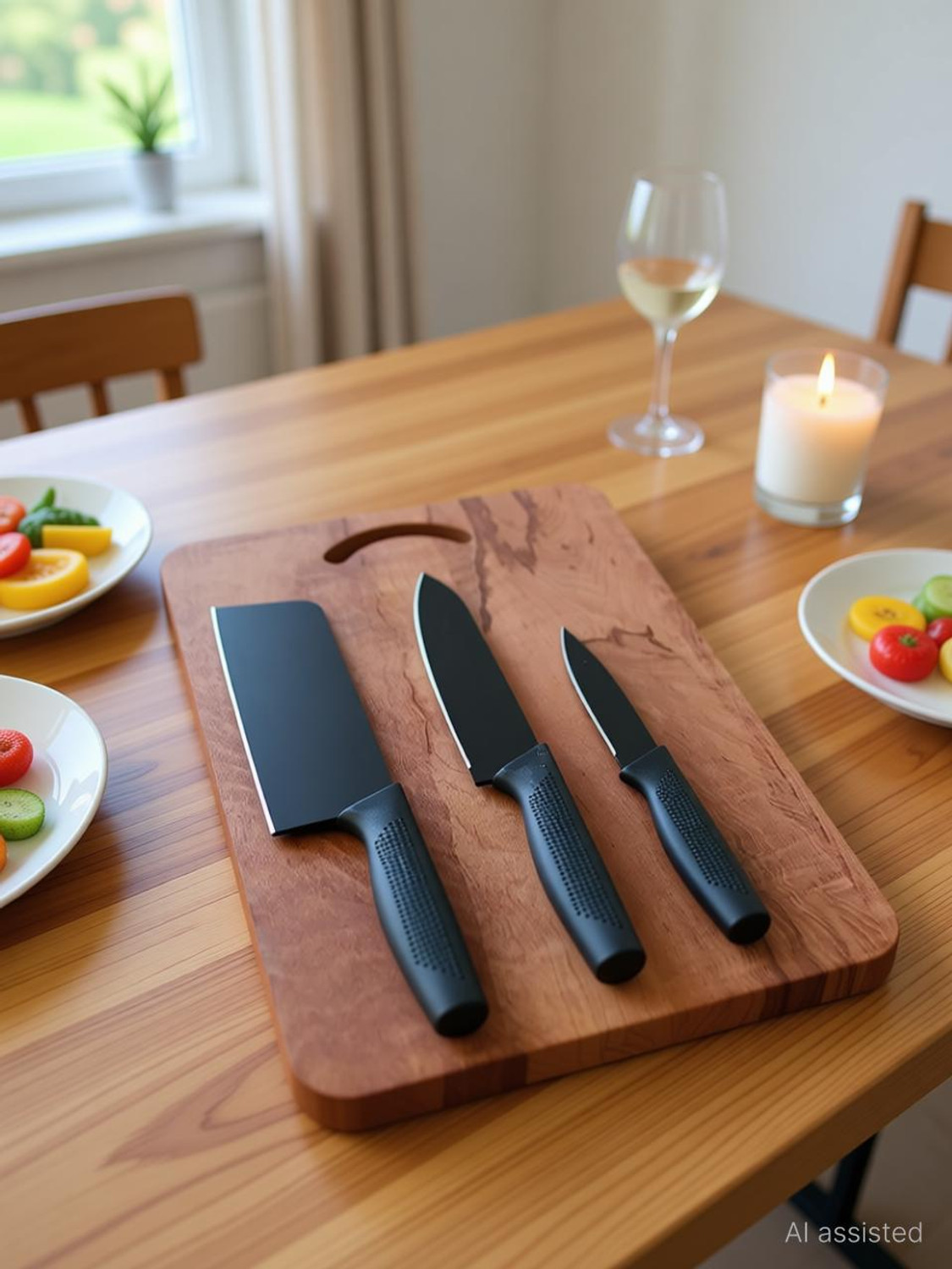 Image of KRUPA Chopping Board With 3Pic Knife Set Stainless Steel Wooden Cutting Board