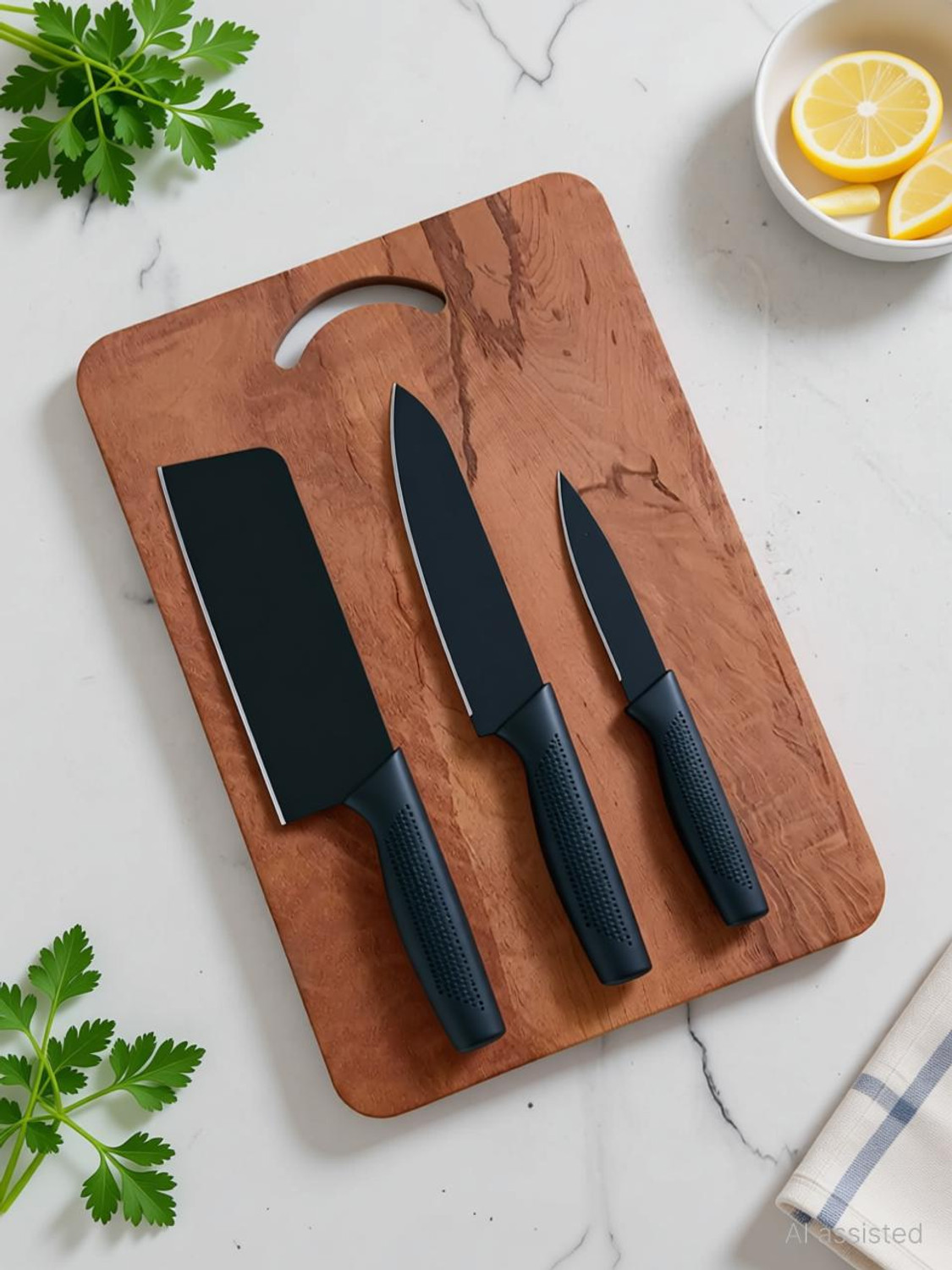 Image of KRUPA Chopping Board With 3Pic Knife Set Stainless Steel Wooden Cutting Board