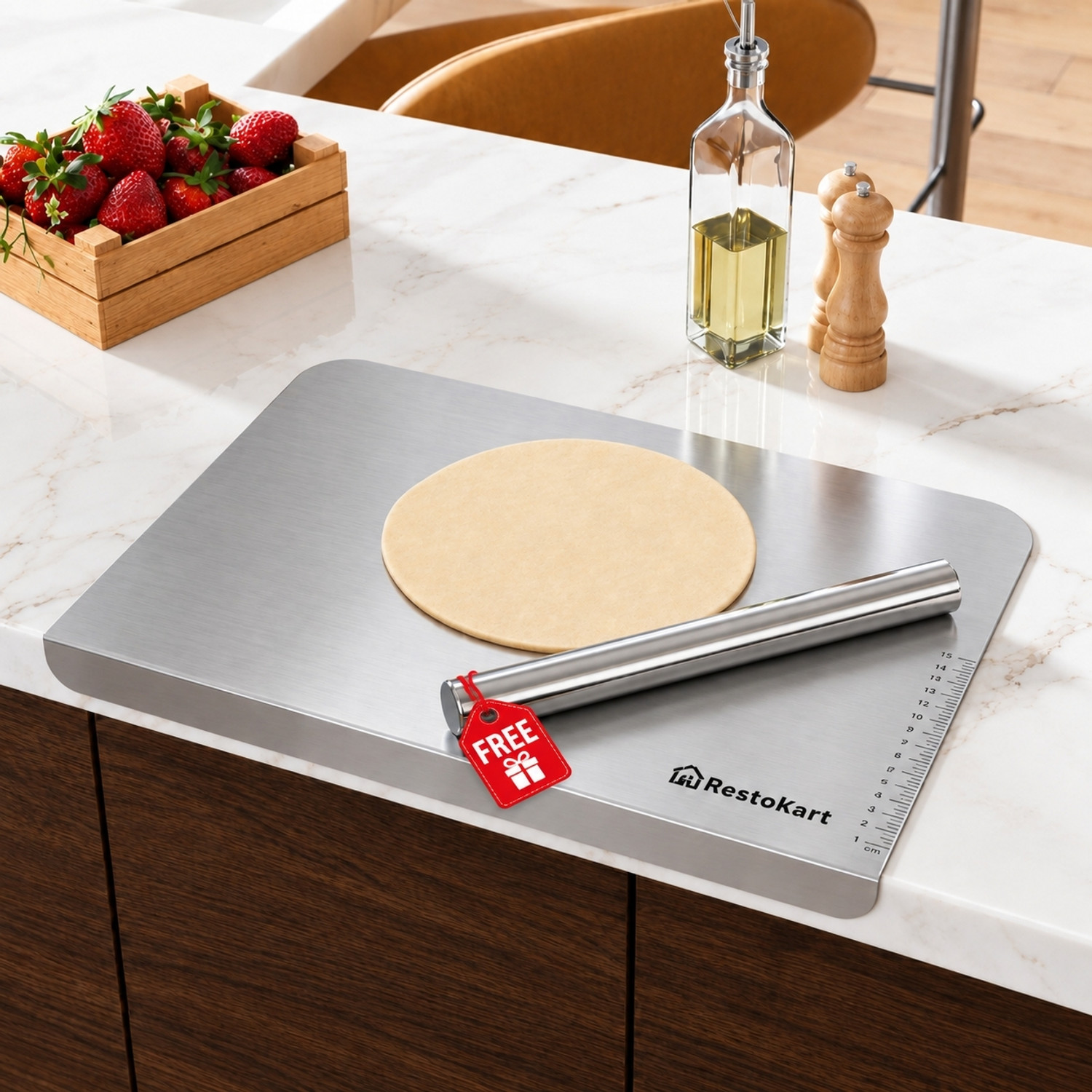 Image of RESTOKART Steel Cutting Board Large(41x31)&Free Steel Rolling pin|Steel Chopping Board| Stainless Steel Cutting Board