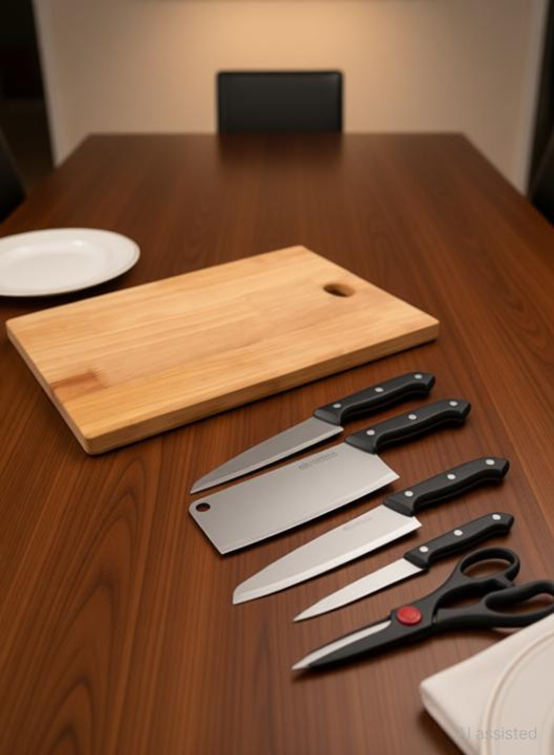 Image of DNJ Wooden Chopping Cutting Board with Stainless Steel Kitchen Knife set and scissor Wooden, Stainless Steel Cutting Board