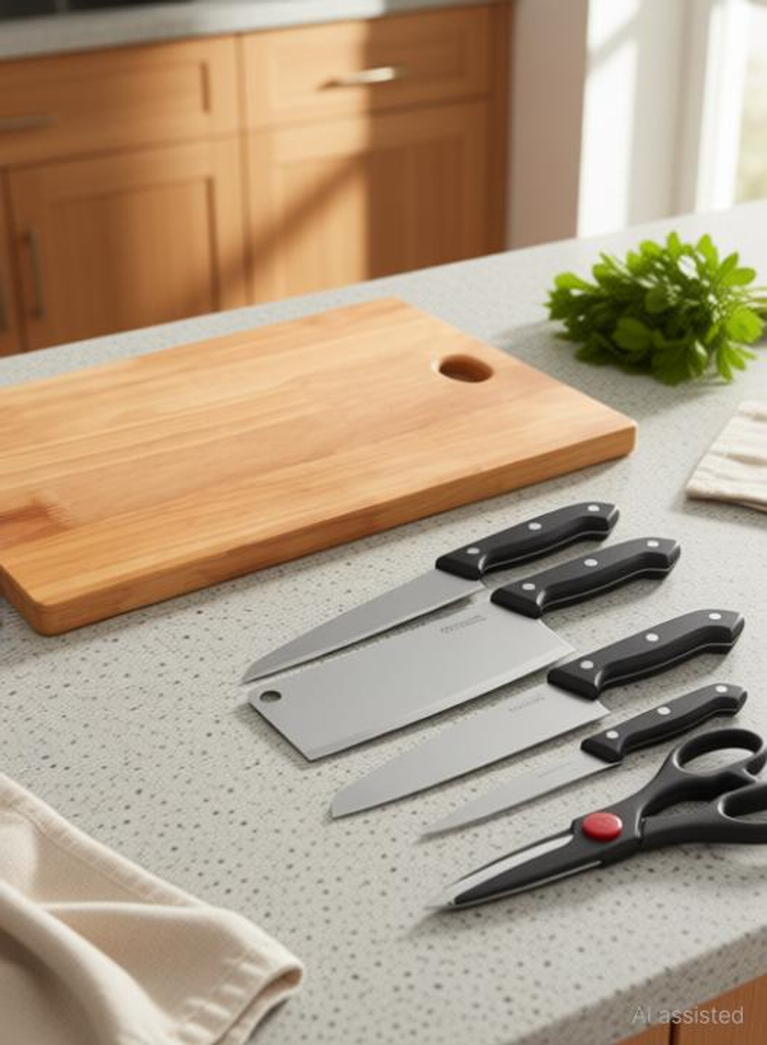 Image of DNJ Wooden Chopping Cutting Board with Stainless Steel Kitchen Knife set and scissor Wooden, Stainless Steel Cutting Board