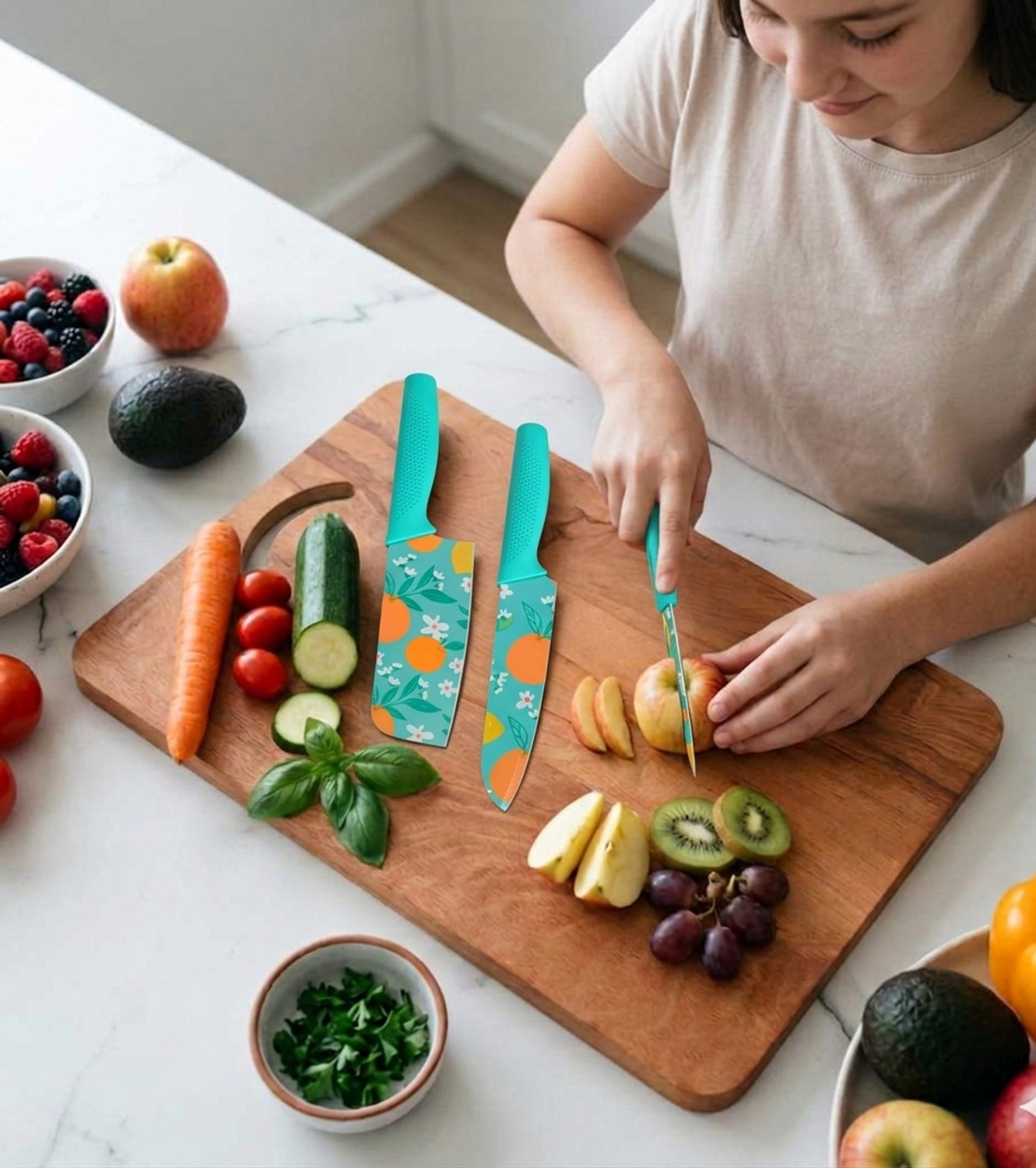 Image of Earth Chopping Board With 3 Pic Blue Knife Set Stainless Steel Wooden Cutting Board