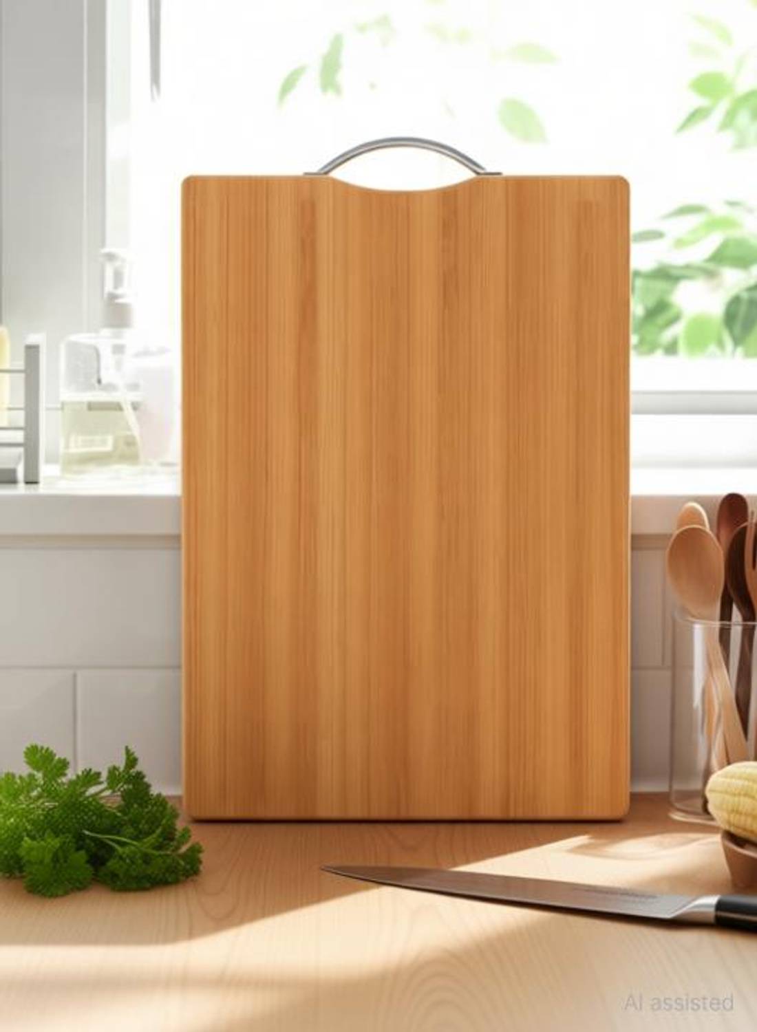 Abicon Cutting Board Chopping Boards With Stainless Steel Handle | Environment-Friendly Wood Cutting Board for Chopping Meat, Vegetables, Fruits, Cheese, Knife Friendly Serving Tray with Handles, Natural Wood Bamboo Cutting Board