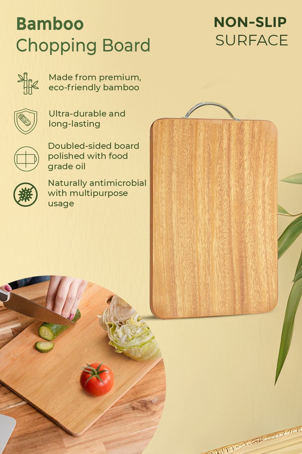 Image of IMECO Imeco Premium Anti-Slip Bamboo Chopping Board With Handle | M - Size (30x20cm) | Bamboo Cutting Board
