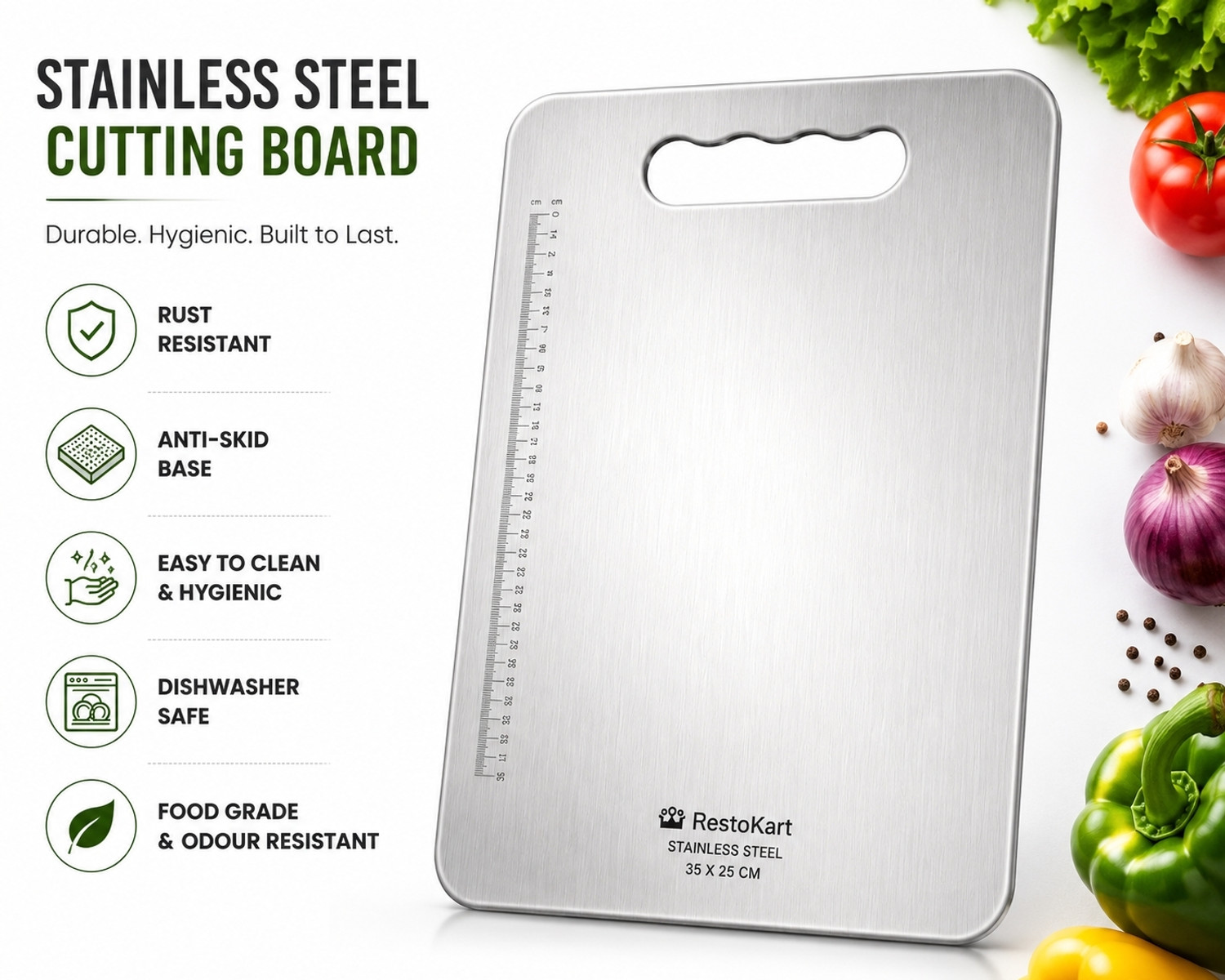 Image of RESTOKART Steel Cutting Board(35x25)CM|Vegetable Cutter Board|Steel Chopping Board|Kitchen Stainless Steel Cutting Board