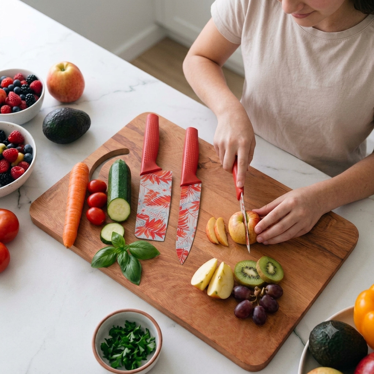 Image of Fun Wooden Chopping Board With 3 Pic Red Knife Set Stainless Steel Wooden Cutting Board