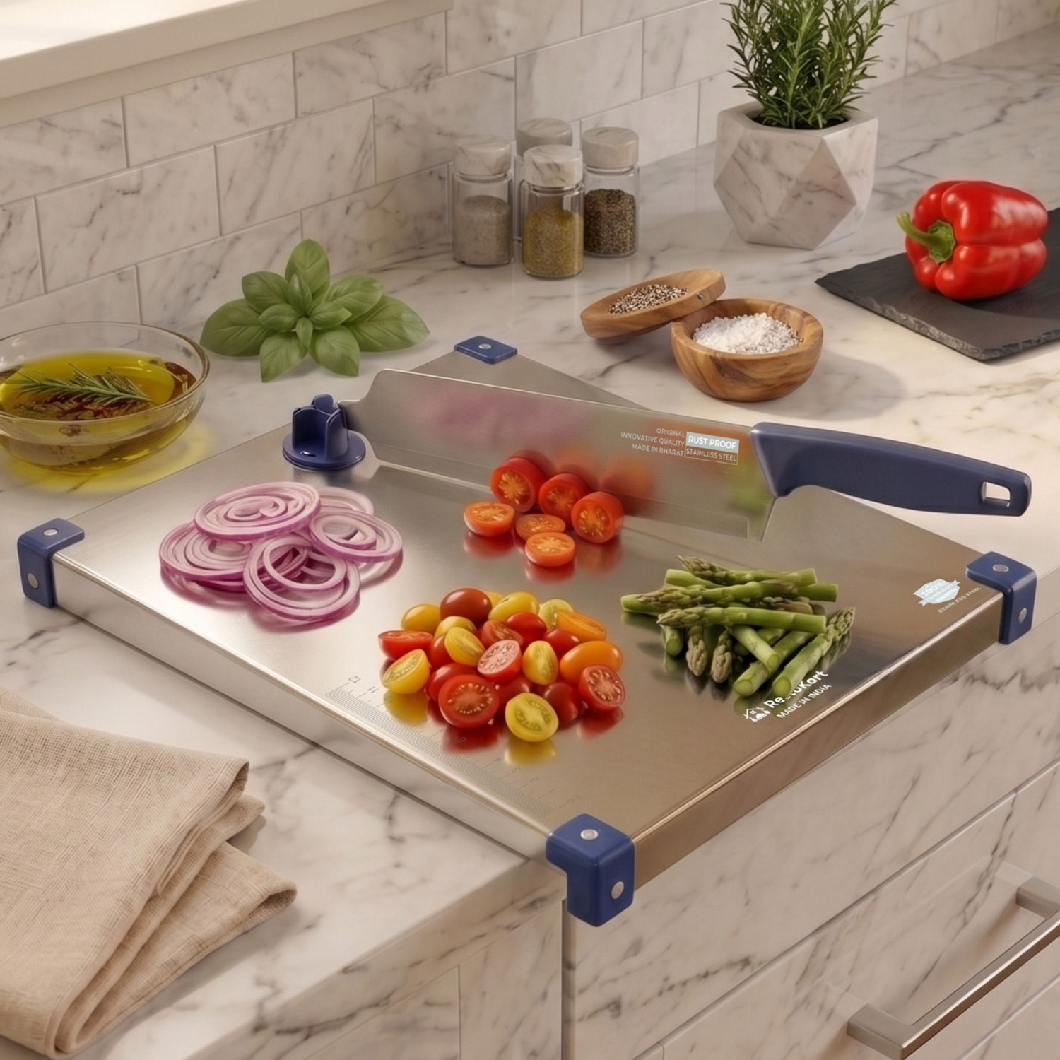 Image of RESTOKART Steel chopping board board(31*31CM)|2 in 1 Knife cutting board-vegetable & fruit Stainless Steel Cutting Board