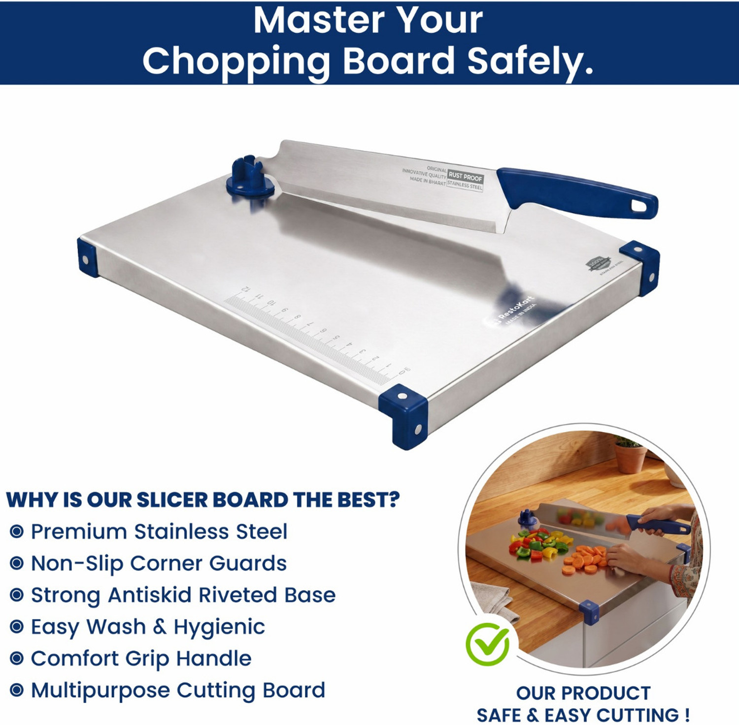 Image of RESTOKART Steel chopping board board(31*31CM)|2 in 1 Knife cutting board-vegetable & fruit Stainless Steel Cutting Board