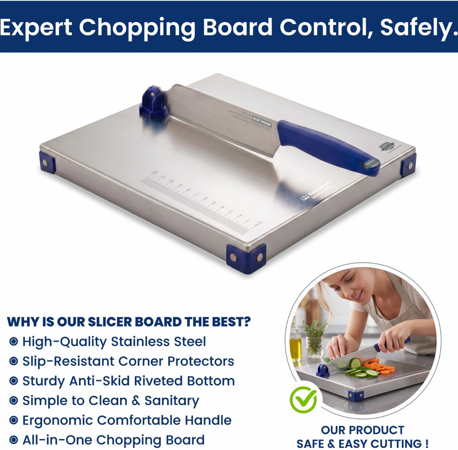 Image of RESTOKART Steel cutting board board(31*31CM)|2 in 1 Knife chopping board-vegetable & fruit Stainless Steel Cutting Board