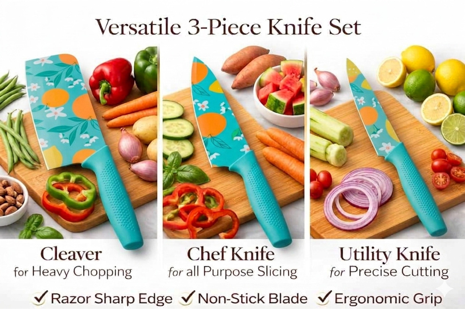 Image of Earth Chopping Board With 3 Pic Blue Knife Set Stainless Steel Wooden Cutting Board