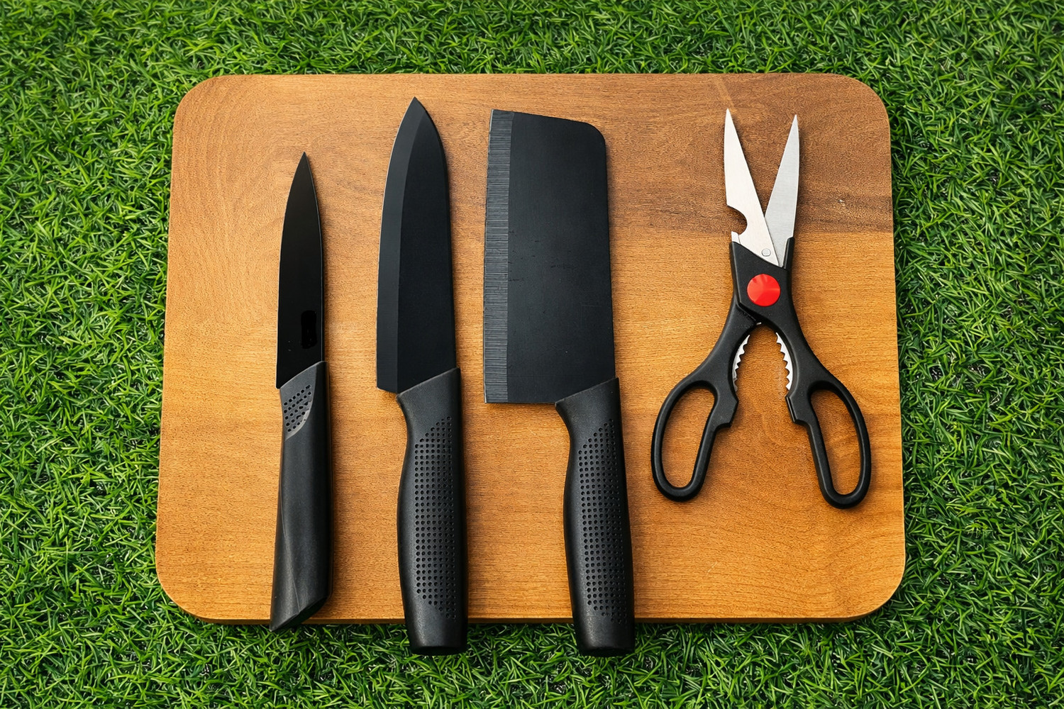 Image of DNJ Wooden Cutting Chopping Board|3 pcs black stainless steel knife set|Scissor Wooden Cutting Board