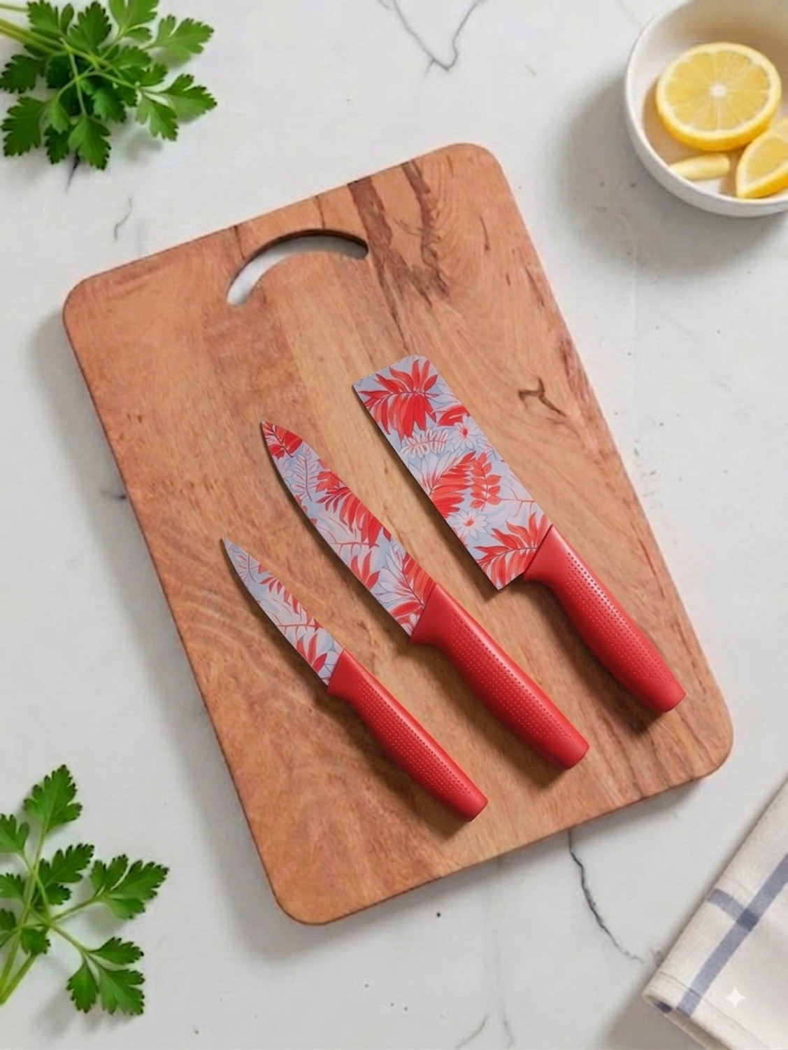 Image of Fun Wooden Chopping Board With 3 Pic Red Knife Set Stainless Steel Wooden Cutting Board