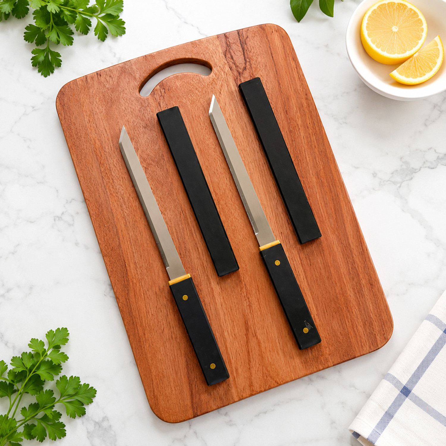 Image of Fun Premium Chopping Board with 2 Pc Japanese Style Knives Wooden Cutting Board
