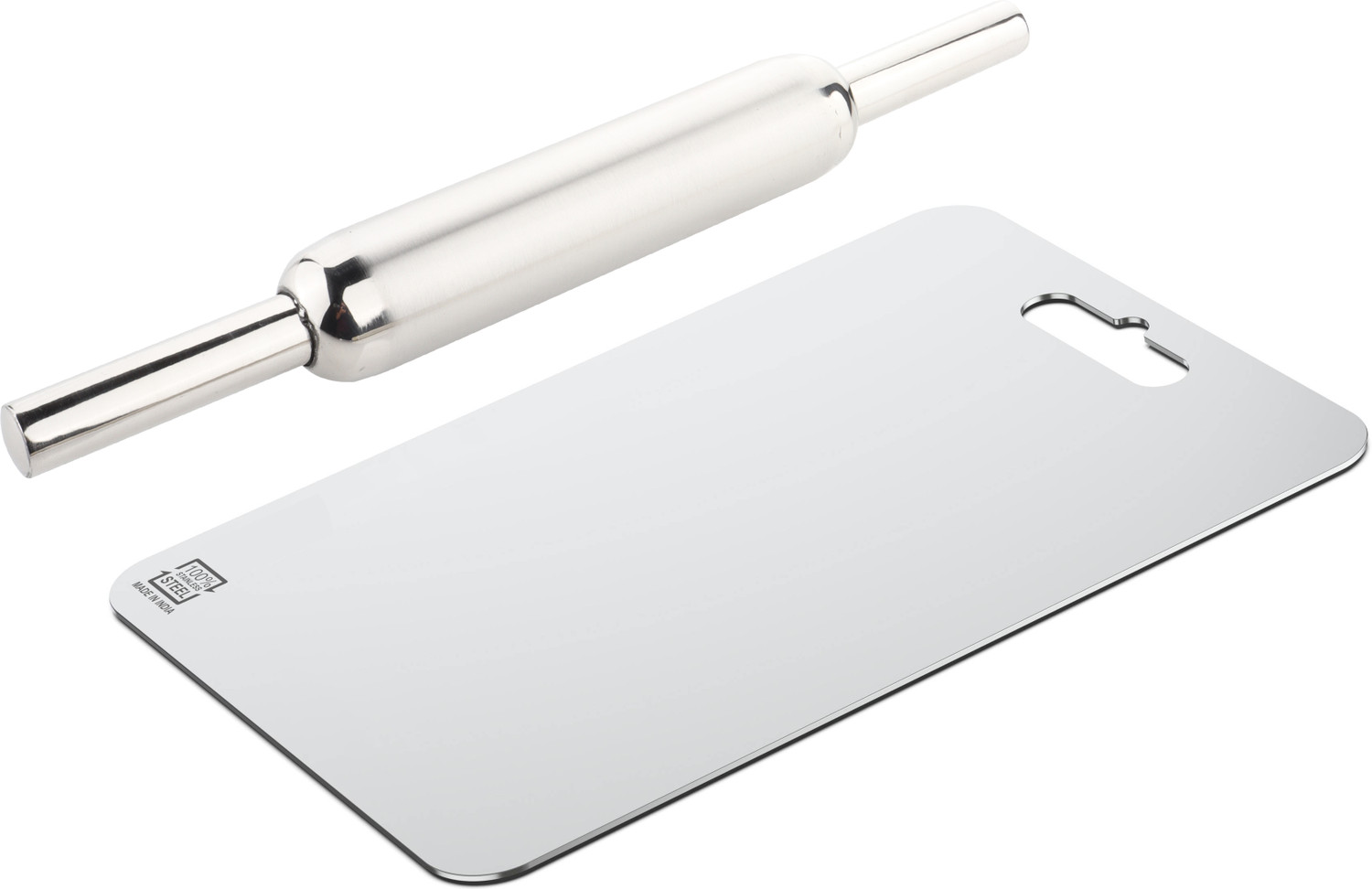 Image of METSTIK Small Stainless Steel Chopping Cutting Pad With Rolling Pin For Kitchen 21X31 Cm Stainless Steel Cutting Board