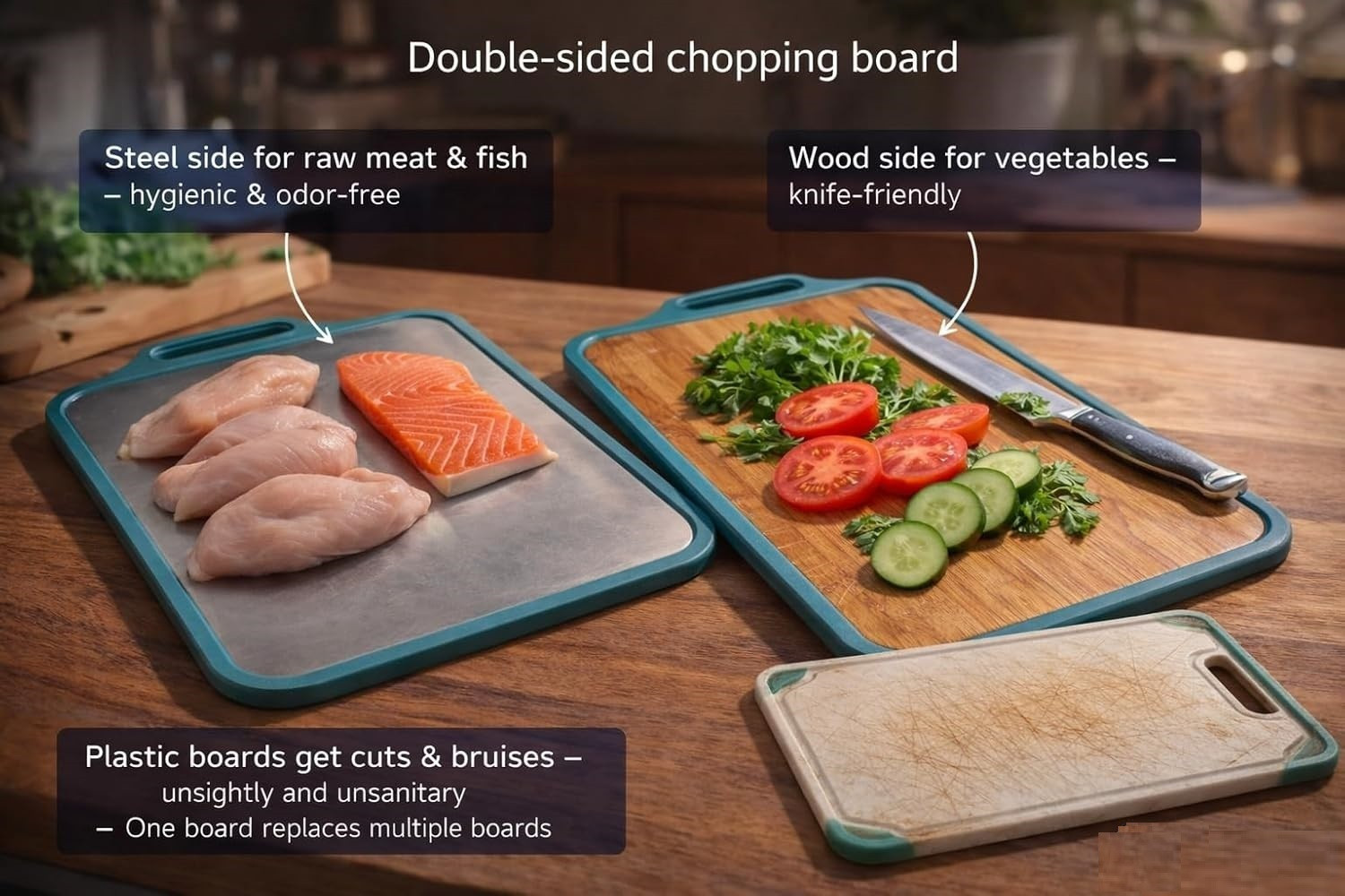Image of FULLSTAR BEST QUALITY KITCHEN APPLIANCES Double Side Chopping Board | Dual Surface Kitchen Cutting Board Stainless Steel, Wooden Cutting Board (Brown, Steel Pack of 1 Dishwasher Safe)