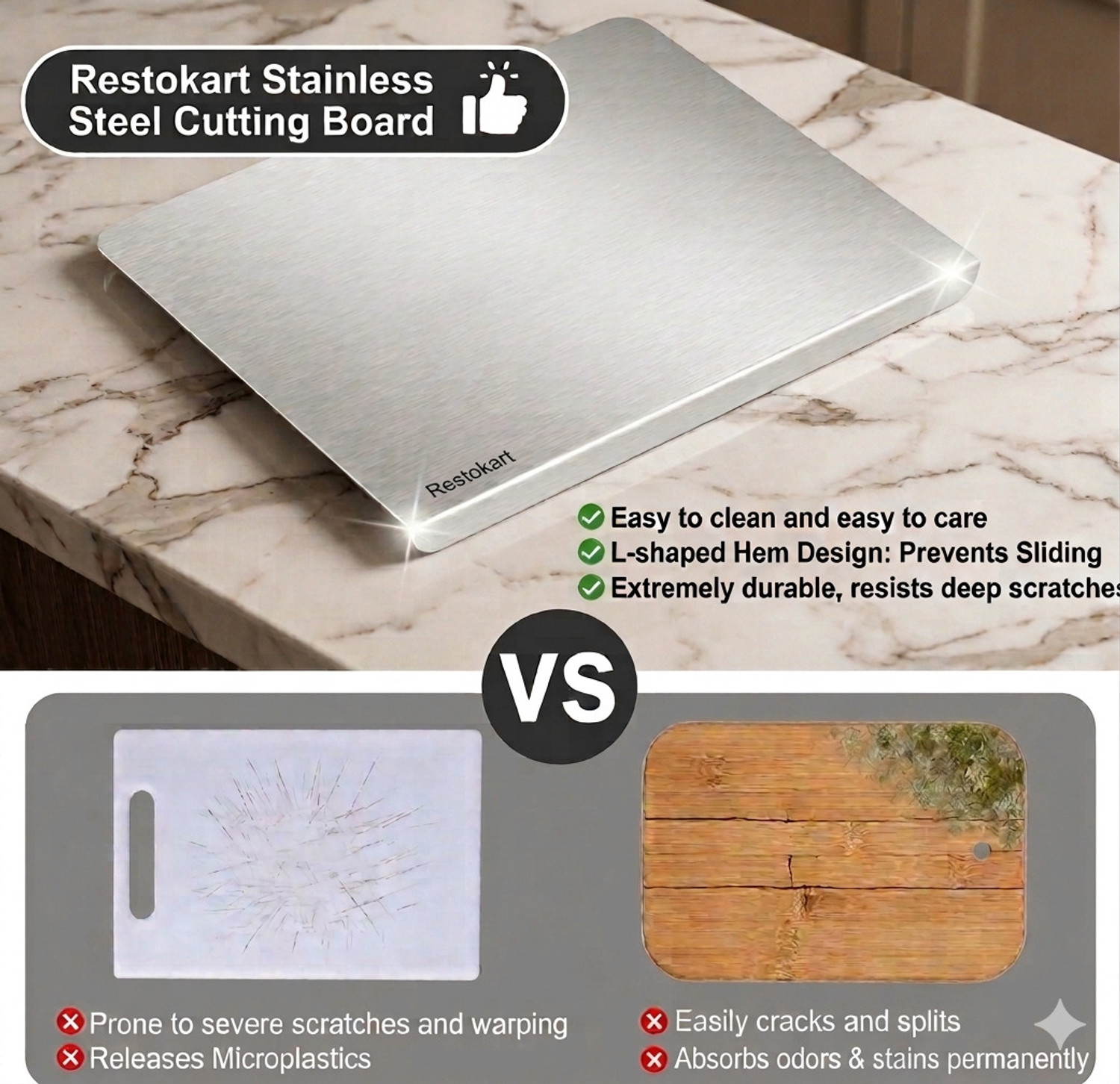 Image of RESTOKART Steel Chopping Board-Medium(35x25cm)|Cutting Board for Kitchen | Vegetable Stainless Steel Cutting Board