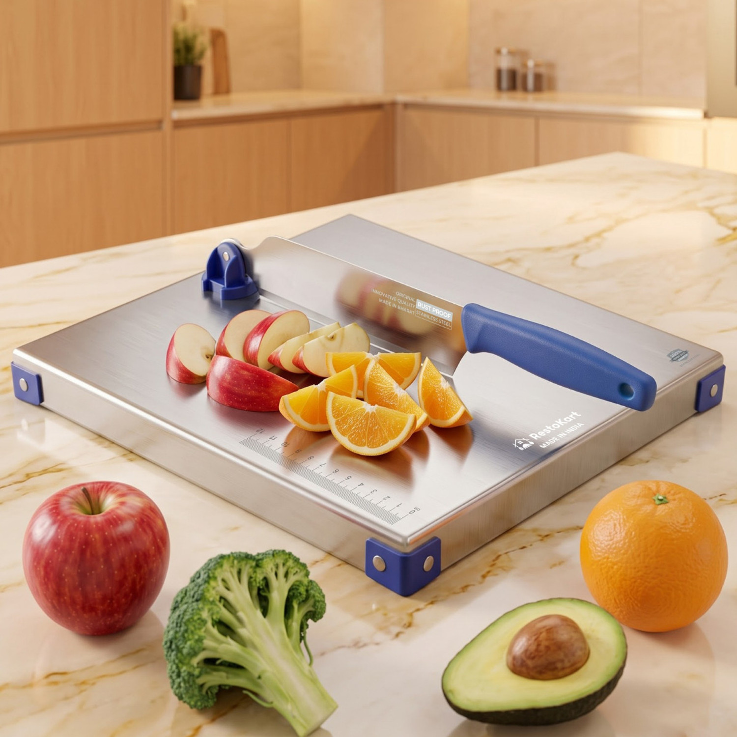 Image of RESTOKART Steel cutting board board(31*31CM)|2 in 1 Knife chopping board-vegetable & fruit Stainless Steel Cutting Board