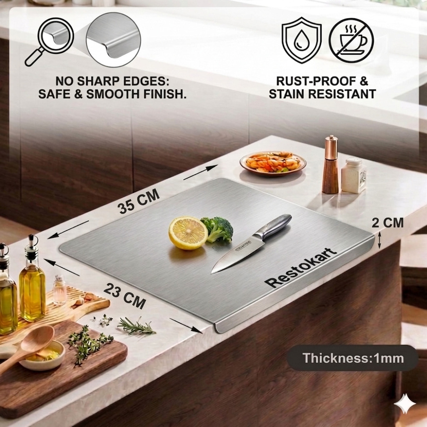 Image of RESTOKART Steel Chopping Board-Medium(35x25cm)|Cutting Board for Kitchen | Vegetable Stainless Steel Cutting Board