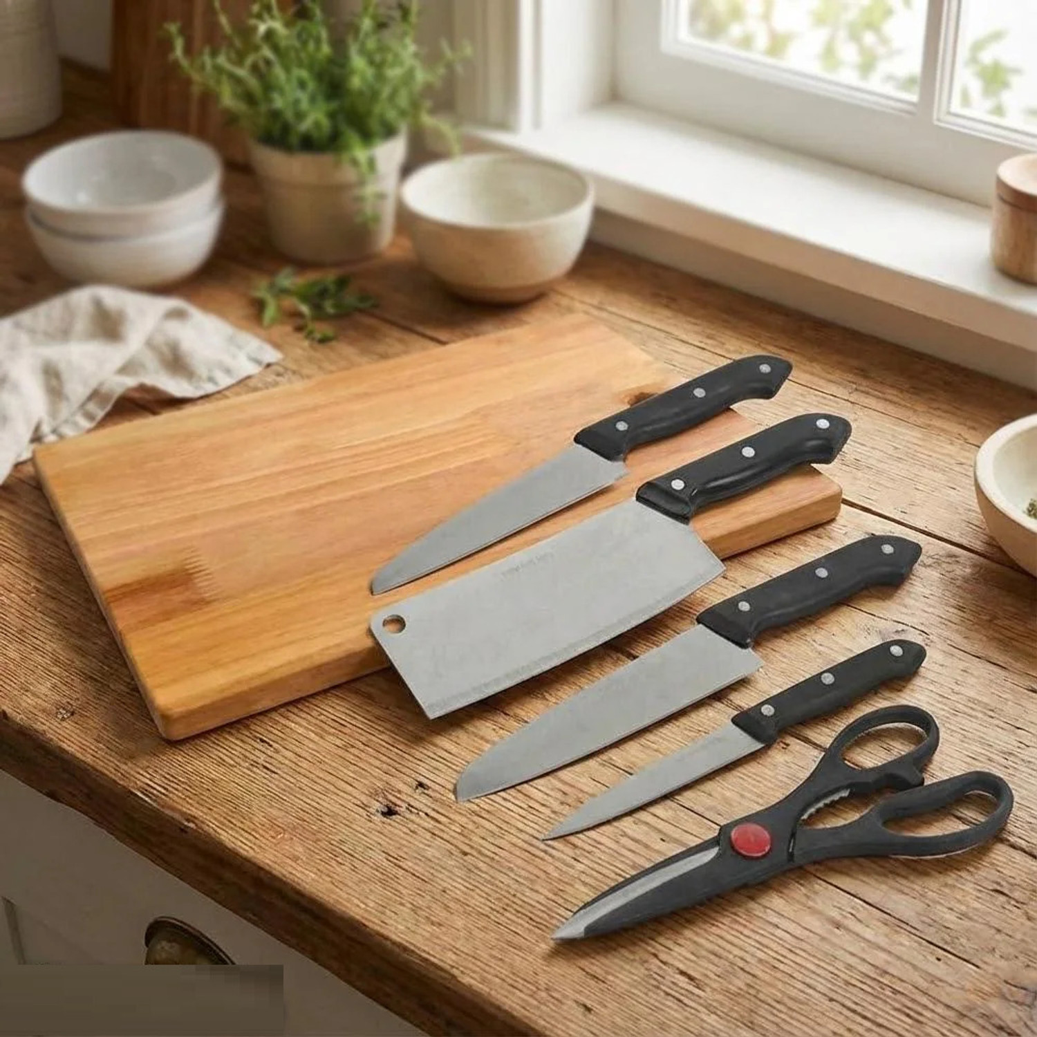 Image of Dharma Creation Stainless Steel Kitchen Knife Set with Wooden Chopping Board & Scissor Vegetable Wooden Cutting Board