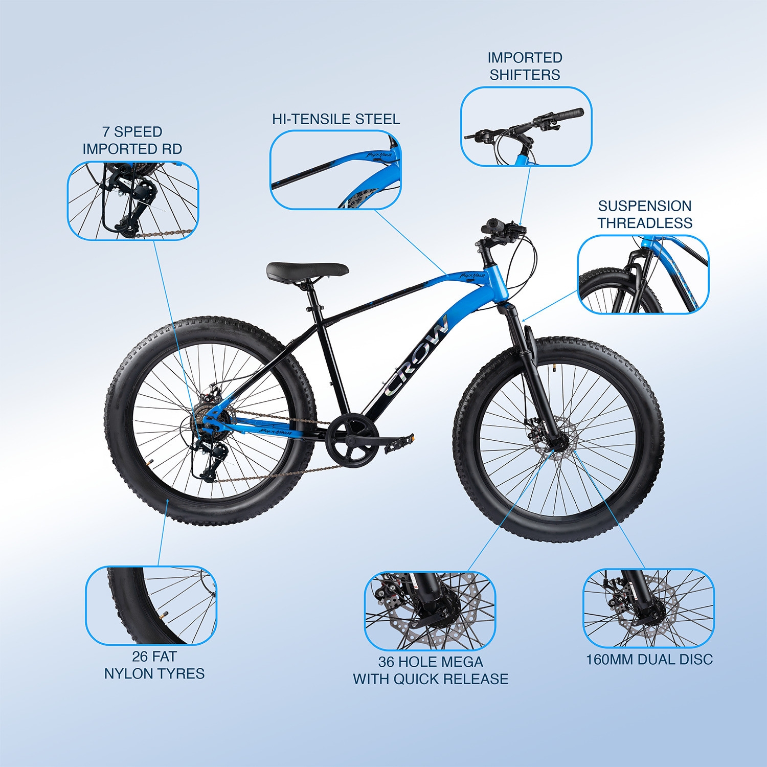 Image of Crow BLACK NINJA 7 SPEED|FAT BIKE|FRONT SUSPENSION|DUAL DISC BRAKE 26 T (inch) Mountain Cycle
