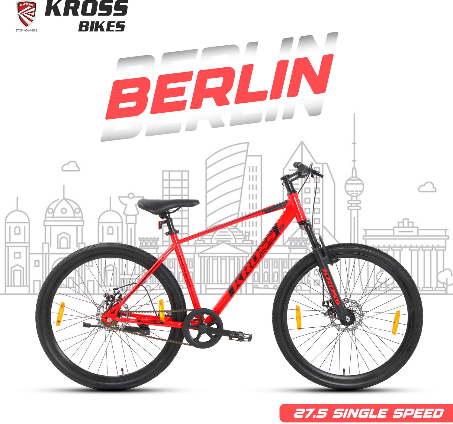 Image of Kross BERLIN Single Speed Cycle (Red, Dual Disc Brakes, 27.5 x 1.75 Tyres) 27.5 T (inch) Mountain Cycle (Single Speed, Red, Only Front Suspension)