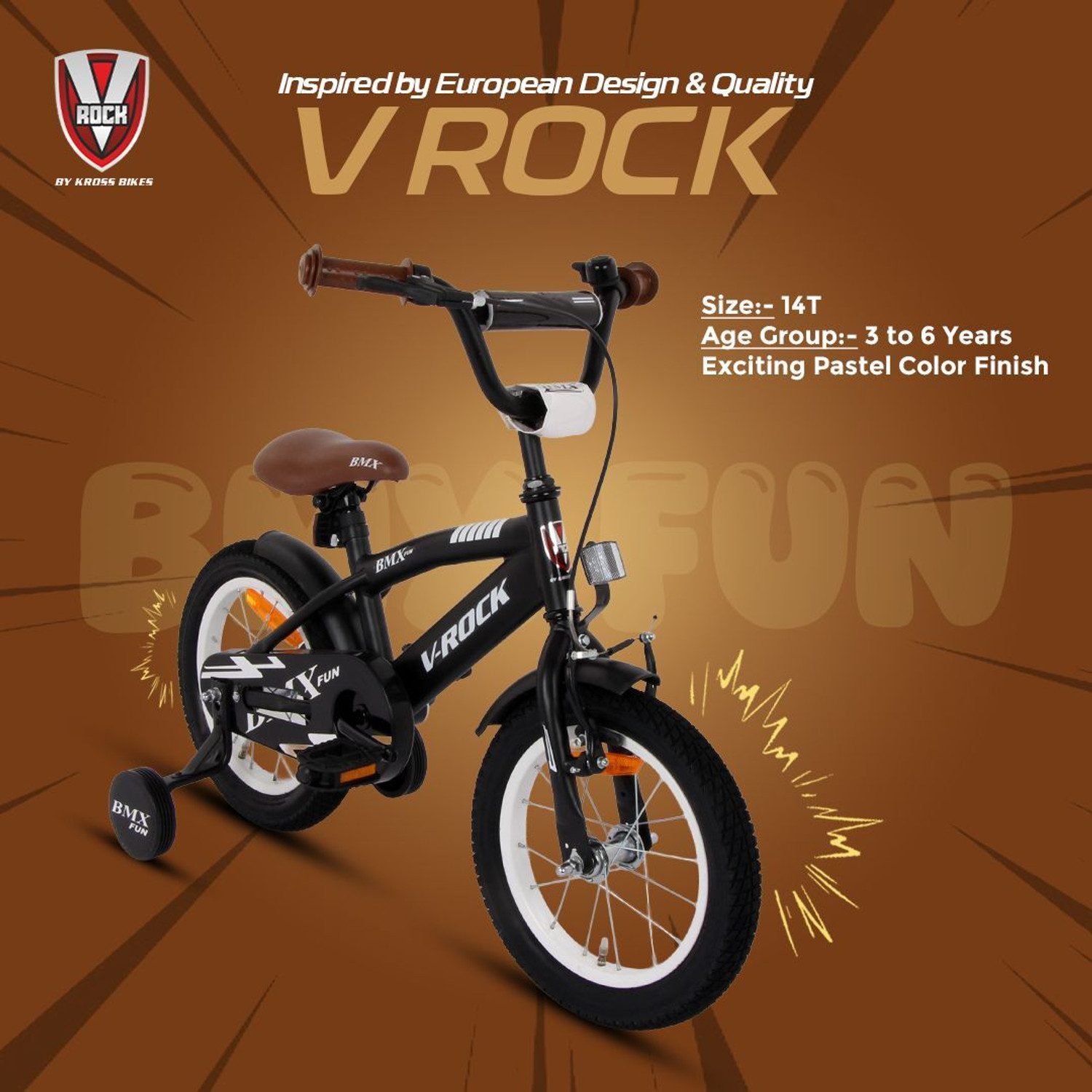 Image of Vrock Bmx Fun 14T Matt Black Kids Bike, Steel Frame, Coaster Hub 14 T (inch) BMX Cycle