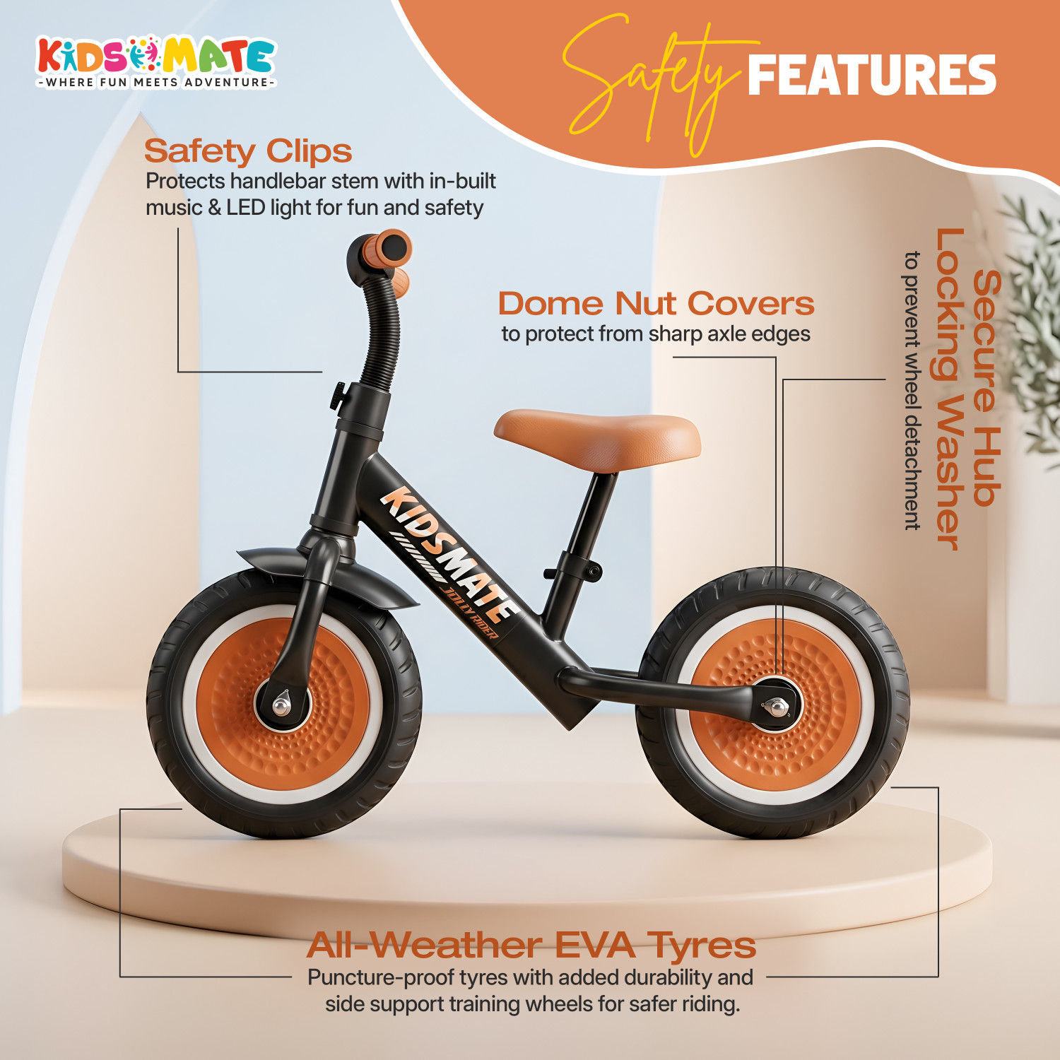 Image of Kidsmate Jolly Rider 2.0 Kids Balance Bike, Pedal-Free Kids Balance Cycle with EVA Tyres 10 T (inch) Balance Bike