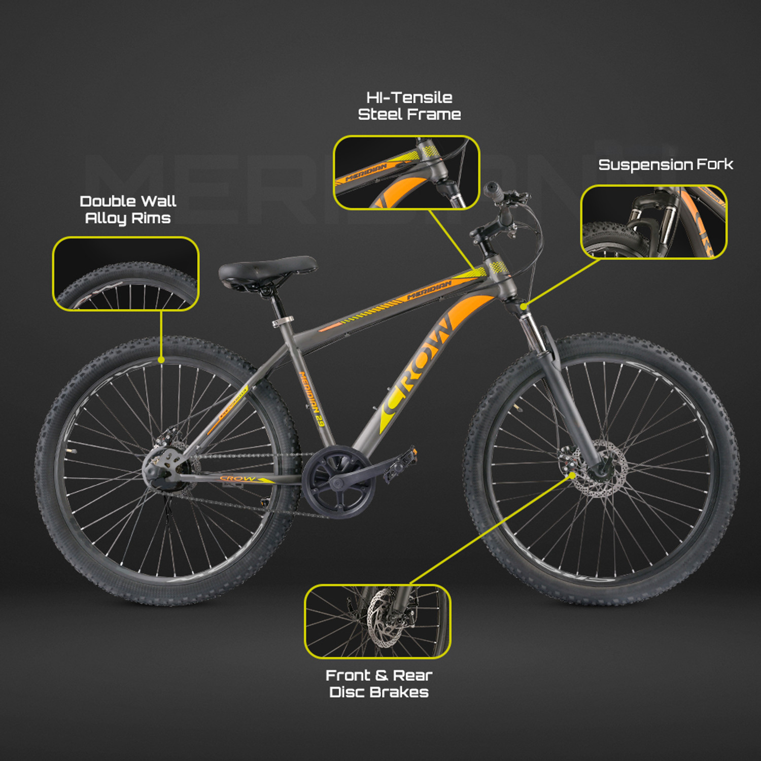 Image of Crow MERIDIAN SINGLE SPEED|FRONT SUSPENSION|DUAL DISC BRAKE|27.5 T 27.5 T (inch) Mountain Cycle (Single Speed, Grey, Orange, Only Front Suspension)