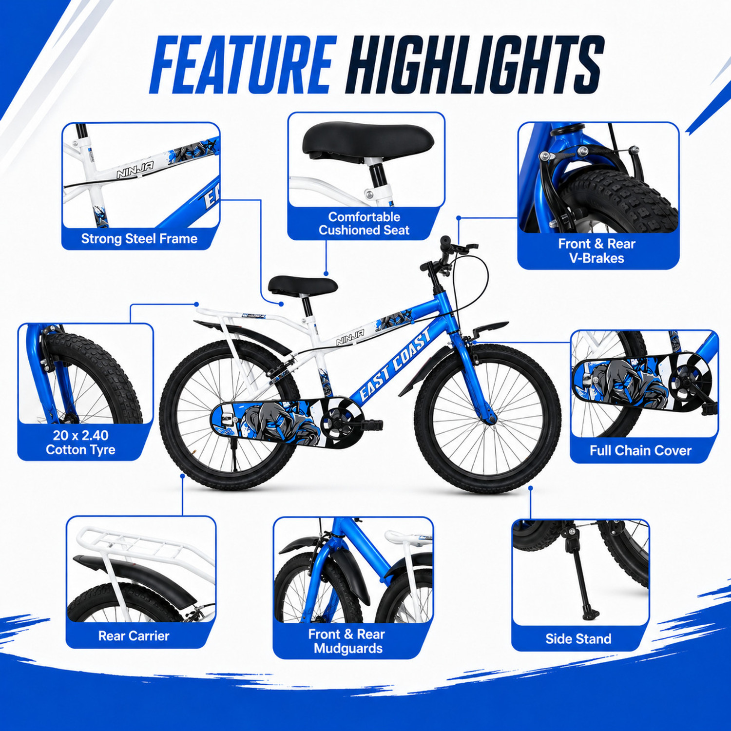 Image of EAST COAST Ninja 20T Kids Cycle for Boys & Girls, Age 5-8 Years 20 T (inch) BMX Cycle