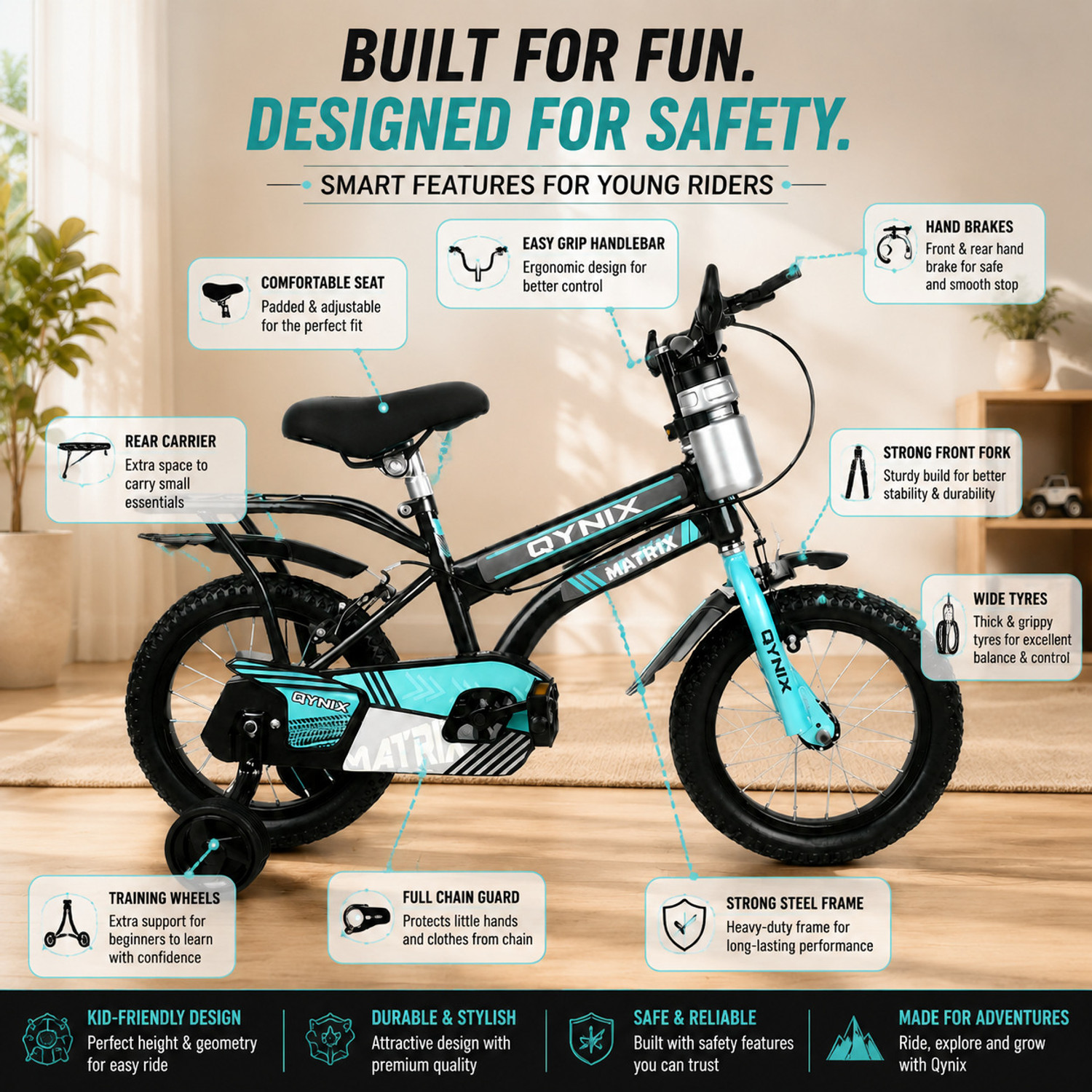 Image of QYNIX Matrix 14T For 2-5 Years Kids Bicycle with Training Wheels & Carrier 14 T (inch) BMX Cycle