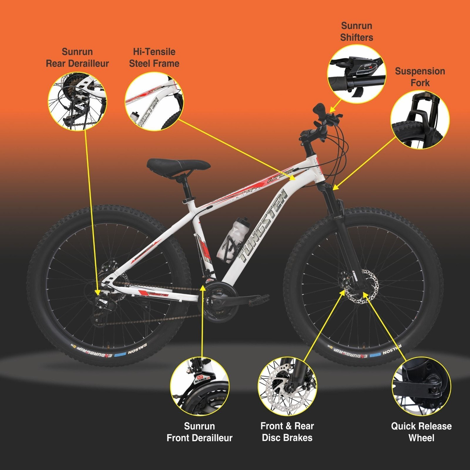 Image of TUNGSTEN ATOM PRO 21 SPEED|geared|SEMI FAT BIKE|FRONT SUSPENSION|DUAL DISC 26 T (inch) Mountain Cycle