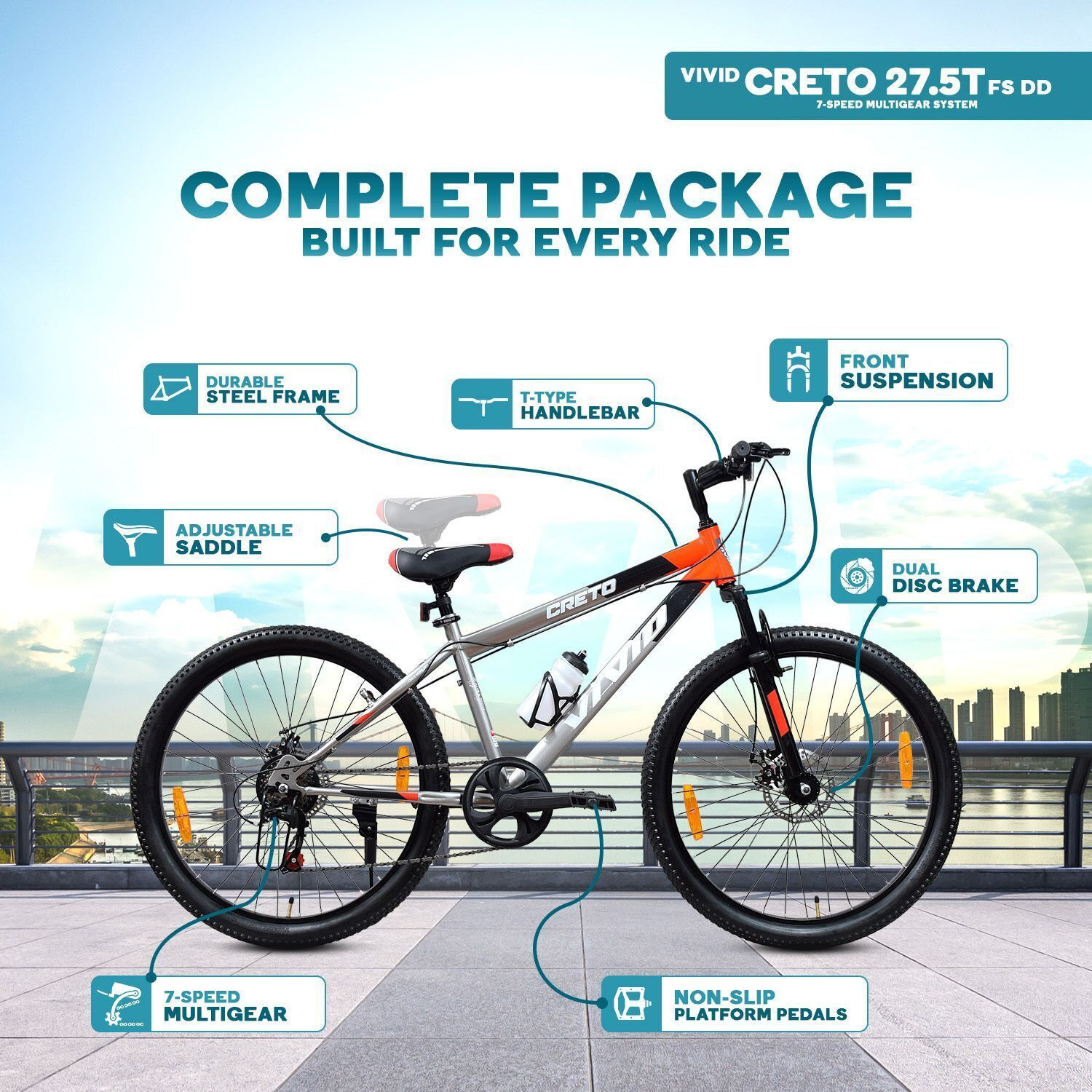 Image of VIVID Creto 27.5T Multi-Speed Gear Cycle for Men | Front Suspension & Dual Disc Brakes 27.5 T (inch) Mountain Cycle