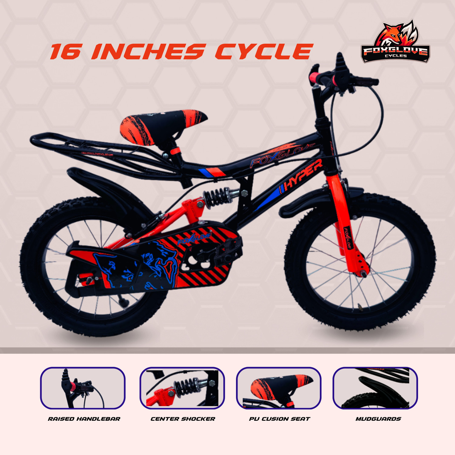 Image of FOXGLOVE HYPER 16 INCH REAR SHOCKER KID'S CYCLE FOR AGE 5 TO 8 YRS FULL FITTED 16 T (inch) Road Cycle