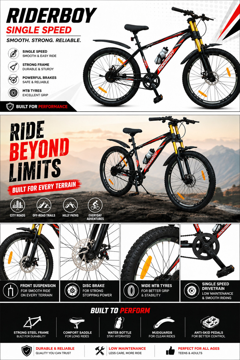 Image of RIDERBOY PREMIUM 26T CYCLE WITH DUAL CHROME SUSPENSION, DUAL DISC BRAKE,FULL ACCESSORIES 26 T (inch) Mountain Cycle (Single Speed, Black, Orange, Only Front Suspension)