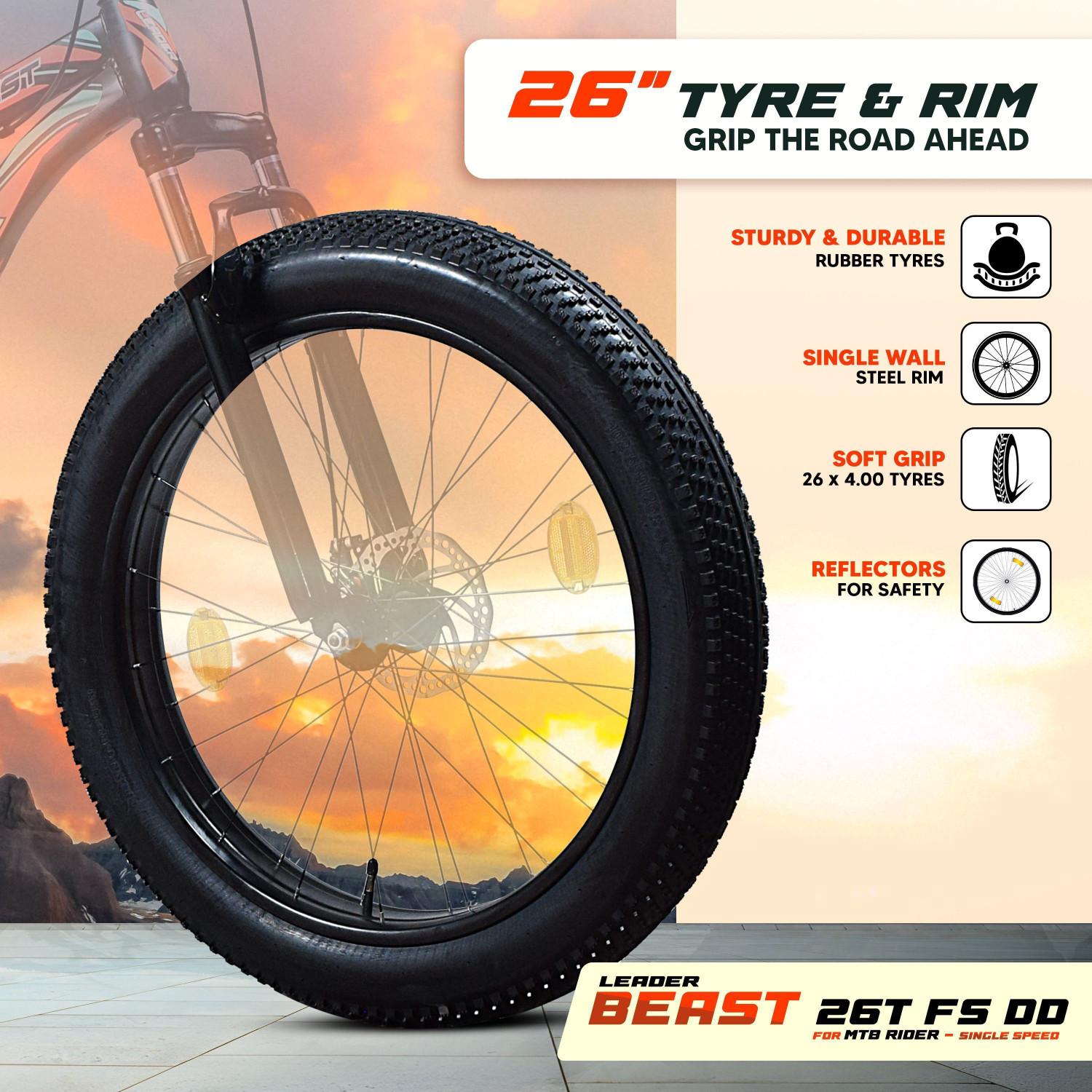 Image of LEADER Beast 26x400 Fat Tire Cycle for Men | Bicycle Front Suspension, Dual Disc Brakes 26 T (inch) Mountain Cycle