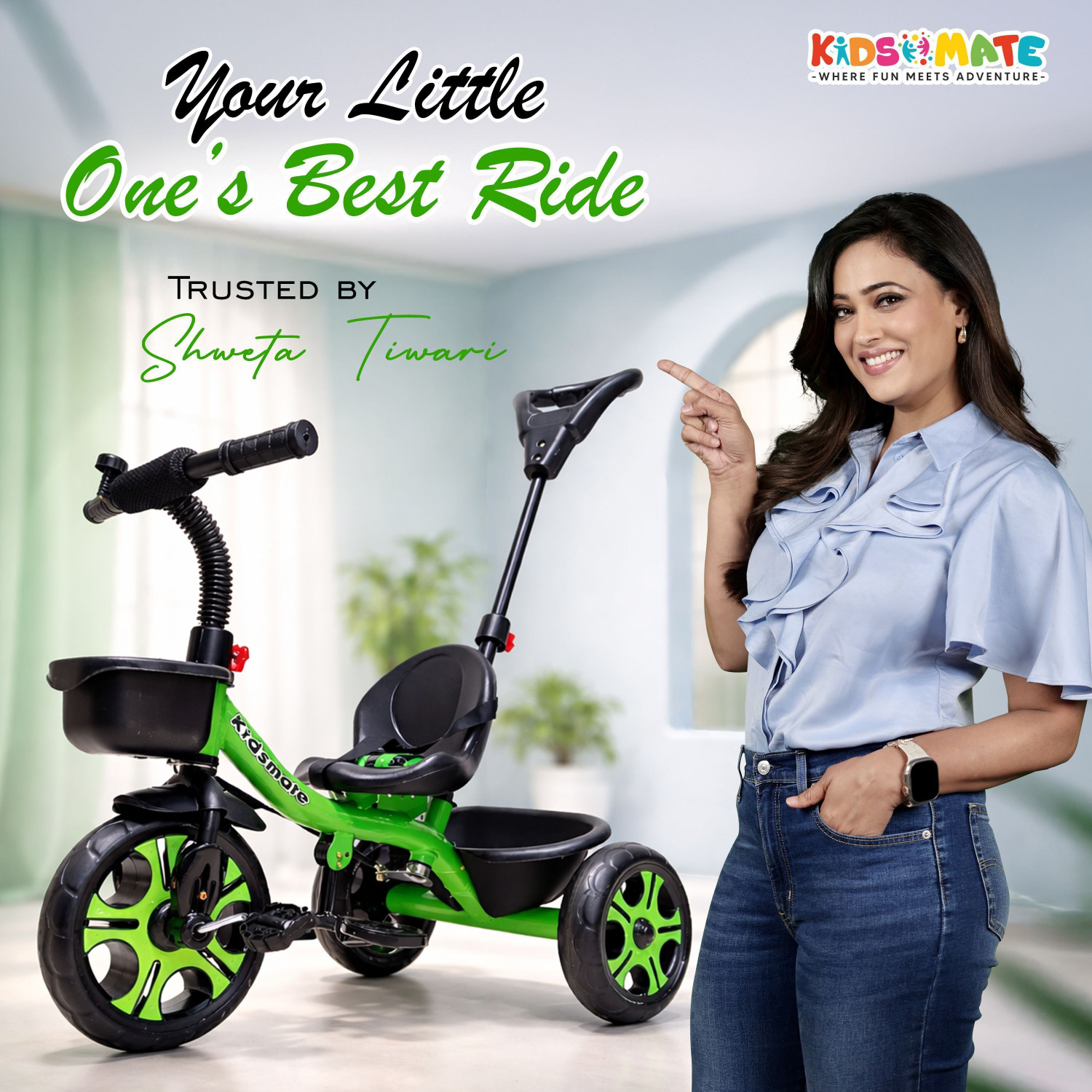 Image of Kidsmate Junior 2.0 Baby Tricycle for Kids with Parental Control Handle & Front Basket 10 T (inch) Road Cycle