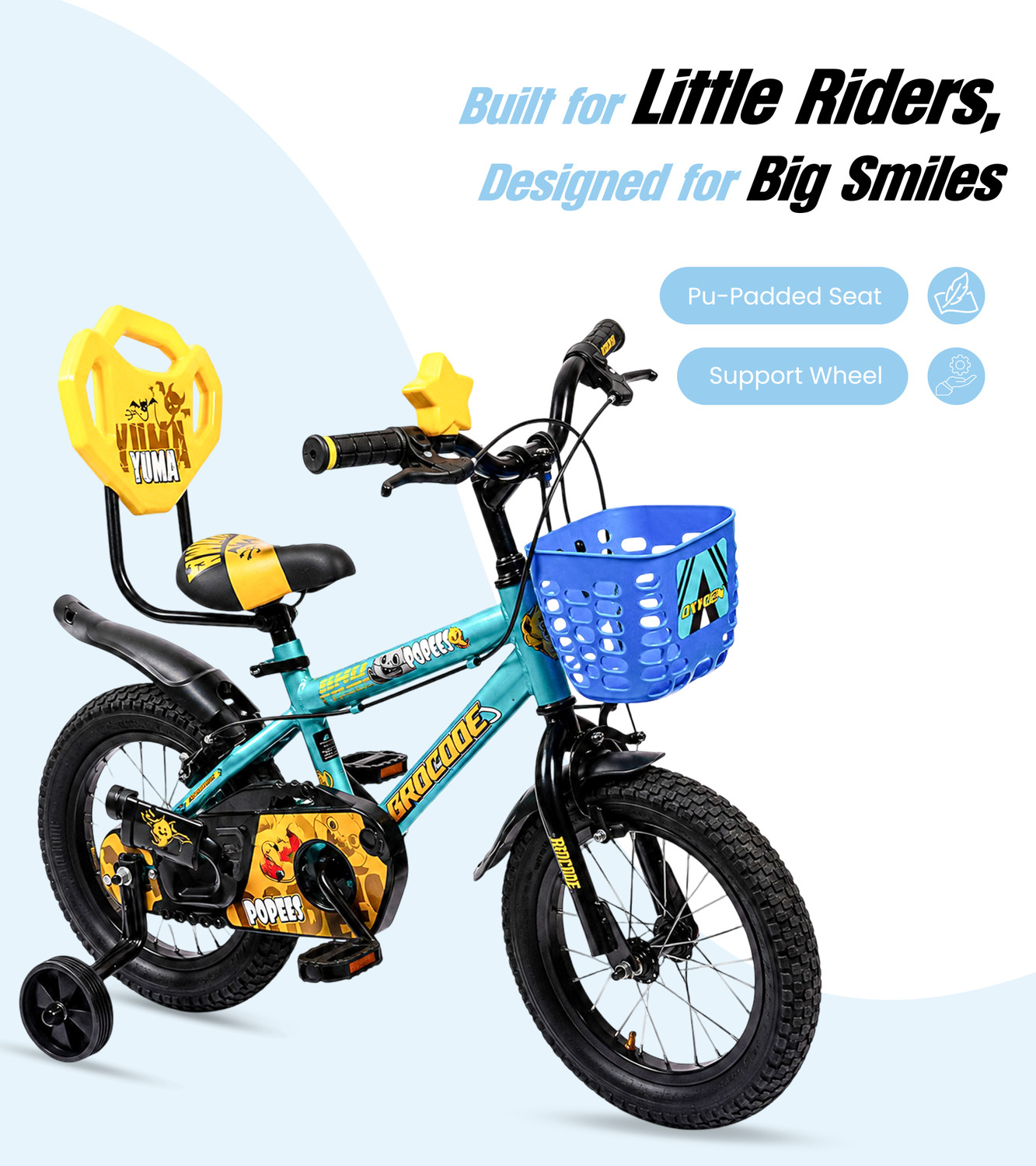 Image of Oxygen Popees 14T Bicycle for Boys & Girls with Training Wheels, Basket & Backrest 14 T (inch) BMX Cycle