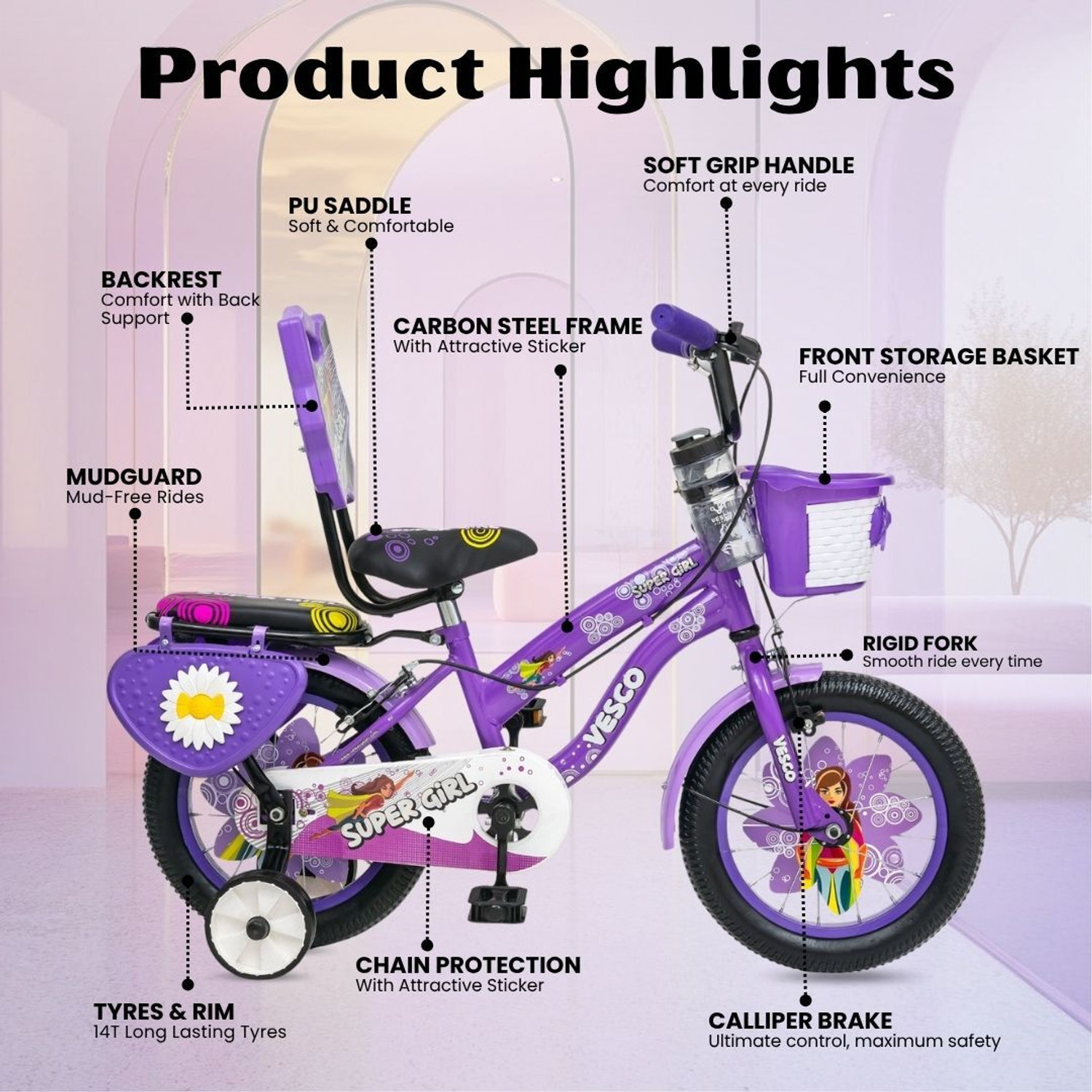 Image of VESCO Super Girl 14T Kids Cycle for Girls | Support Wheels | EVA Tyres 14 T (inch) BMX Cycle