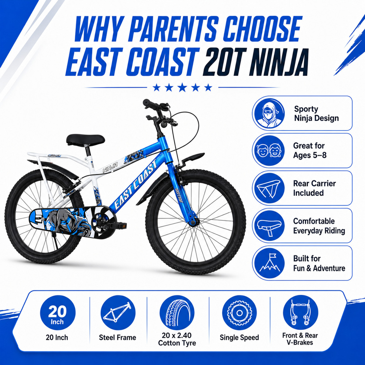 Image of EAST COAST Ninja 20T Kids Cycle for Boys & Girls, Age 5-8 Years 20 T (inch) BMX Cycle