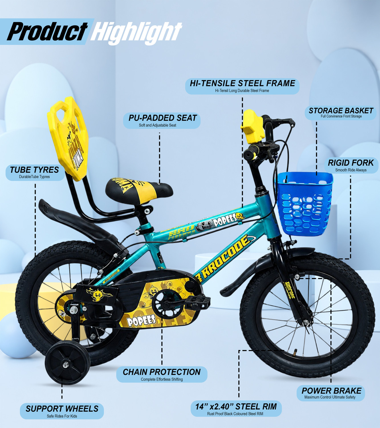 Image of Oxygen Popees 14T Bicycle for Boys & Girls with Training Wheels, Basket & Backrest 14 T (inch) BMX Cycle