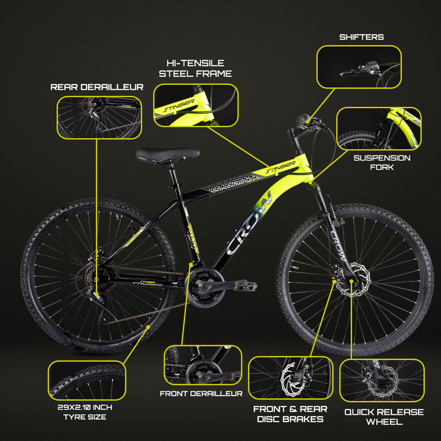 Image of Crow STINGER X7 21 SPEED|geared|FRONT SUSPENSION|DUAL DISC 29 T (inch) Mountain Cycle