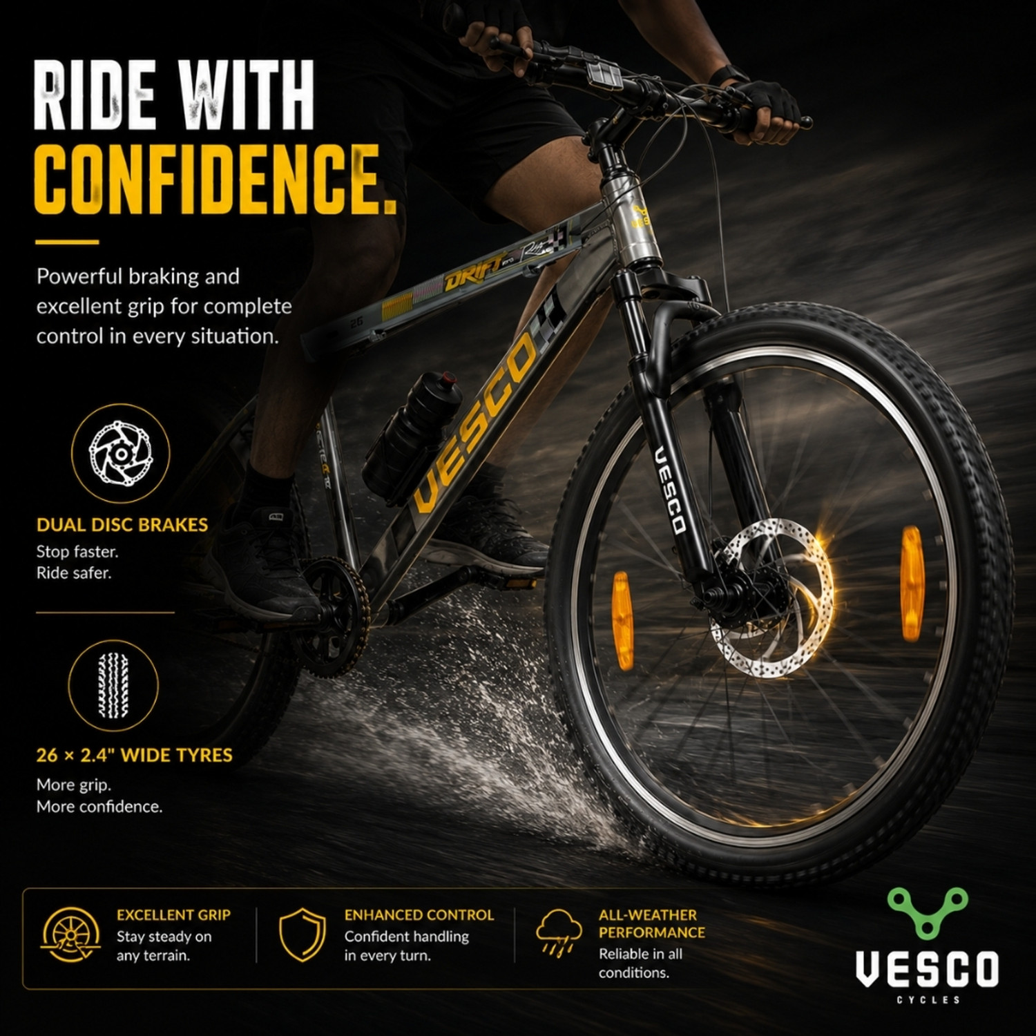 Image of VESCO DRIFT PRO 26T Cycle for Men | Suspension | Alloy Rim | Disc Brakes 26 T (inch) Mountain Cycle