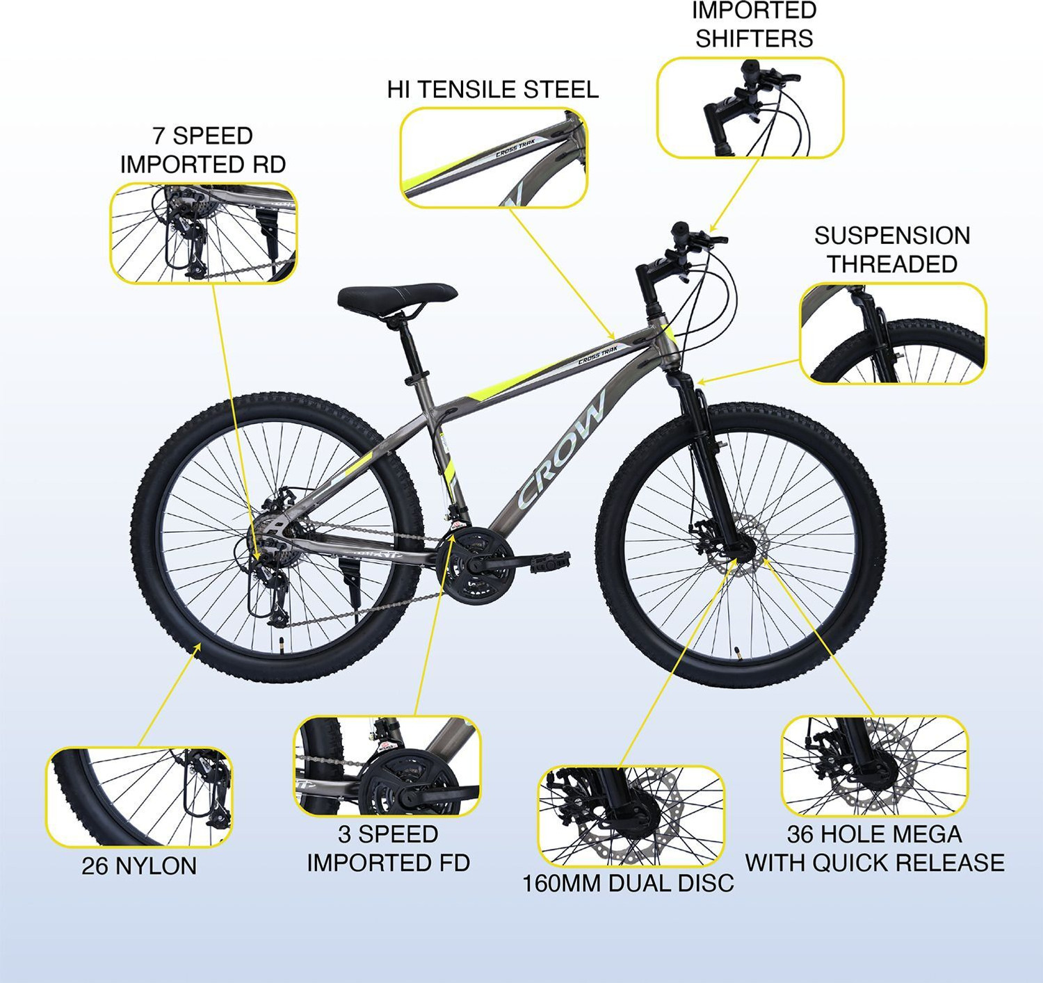 Image of Crow CROSS TRAK 21 SPEED|FRONT SUSPENSION FORK|DUAL DISC BRAKE|geared 26 T (inch) Mountain Cycle