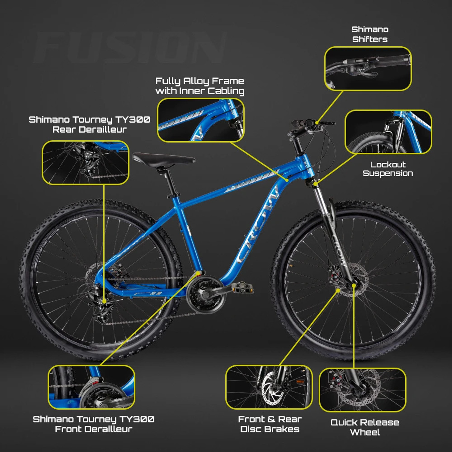 Image of Crow FUSION 21|geared|6061 ALLOY FRAME|LOCKOUT SUSPENSION|DUAL DISC 29 T (inch) Mountain Cycle (21 Gear, Blue, Only Front Suspension)